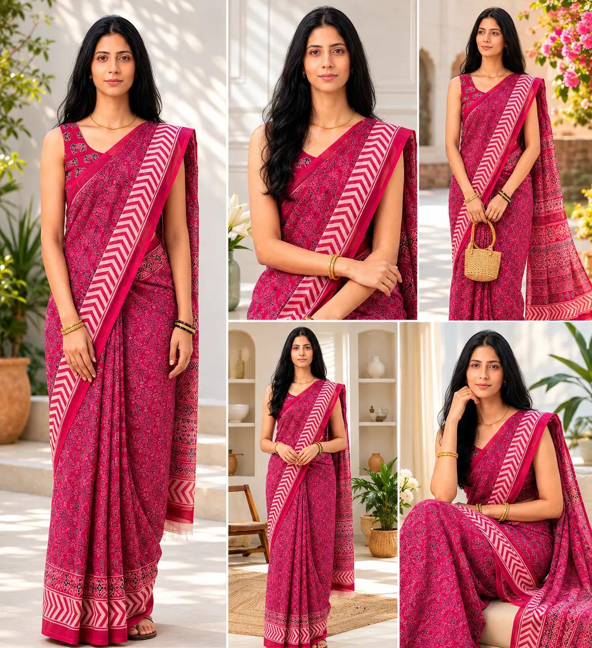 Pink Chanderi Cotton Saree With Ethnic Motifs & Contrast Chevron Border Casual Wear | Dhanjyoti - Image 4