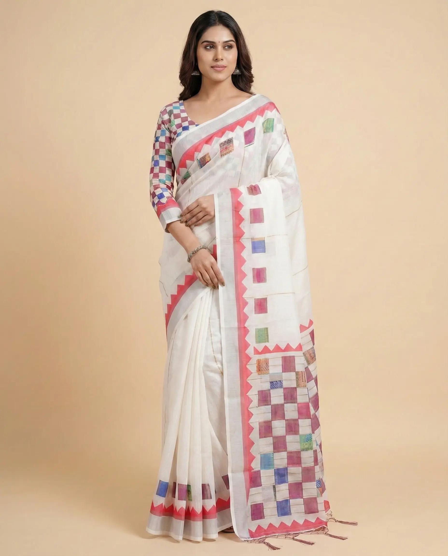 Ethnic Handwoven Linen Saree With Unstitched Blouse For Party Wear | Dhanjyoti