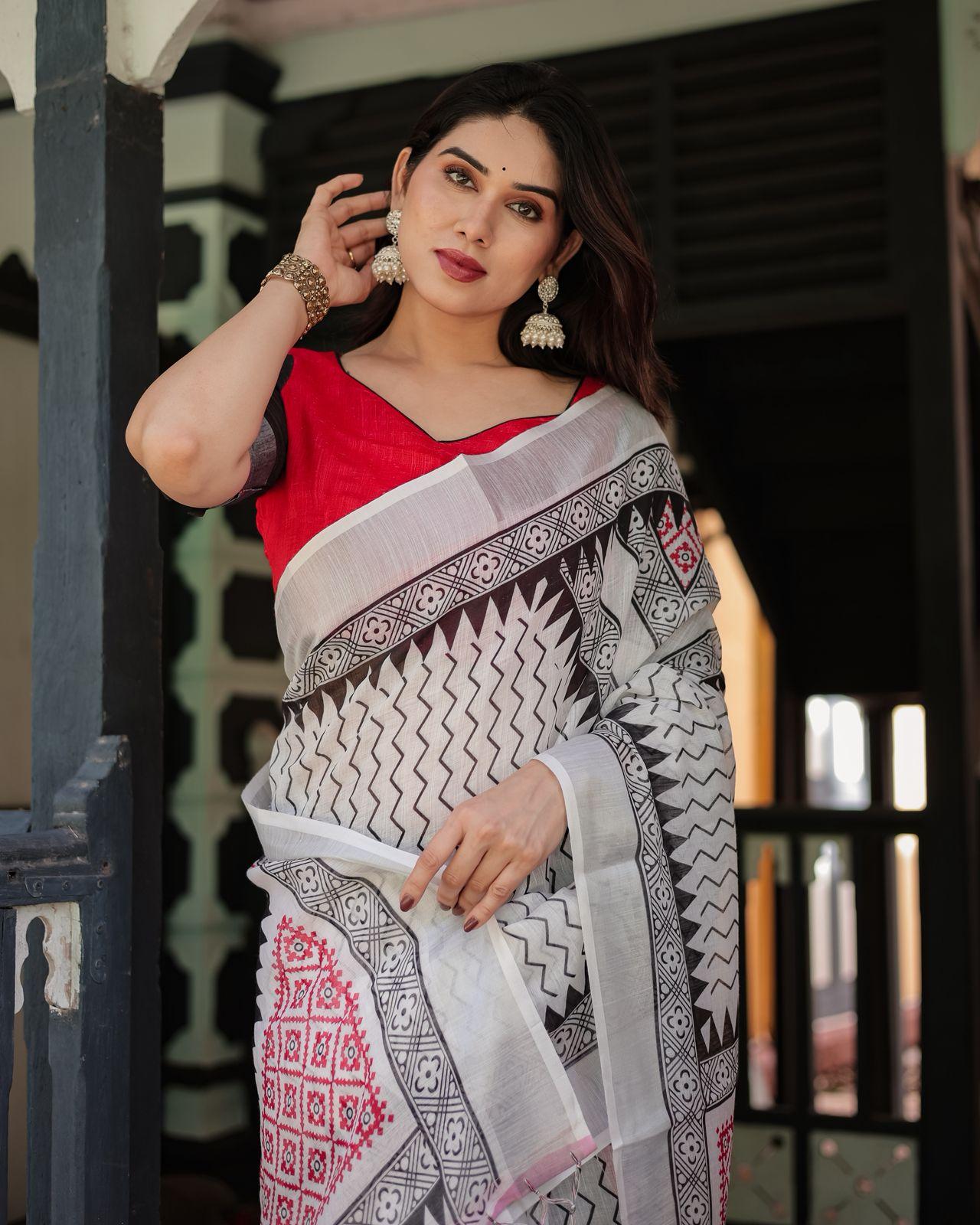 Elegant Black And White Printed Saree And Zari Woven Border With Ustitched Blouse | Dhanjyoti  - Image 3