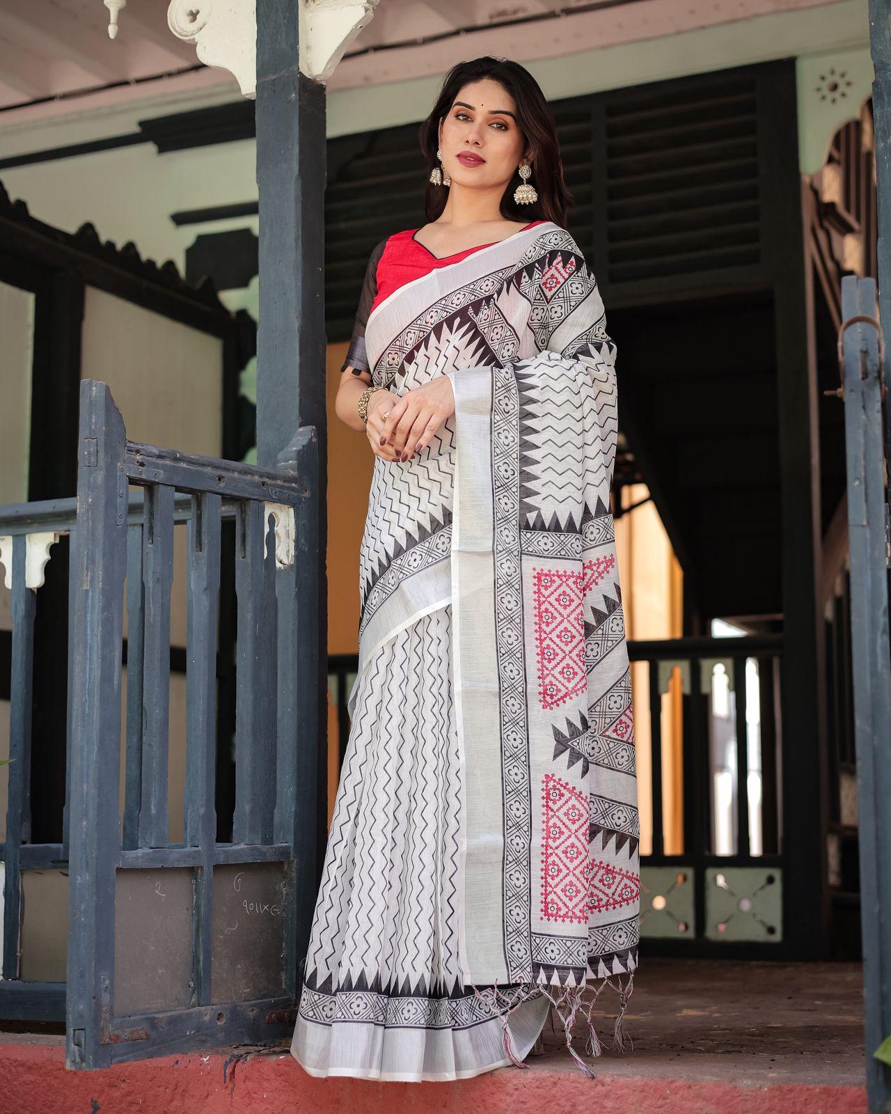 Elegant Black And White Printed Saree And Zari Woven Border With Ustitched Blouse | Dhanjyoti  - Image 4
