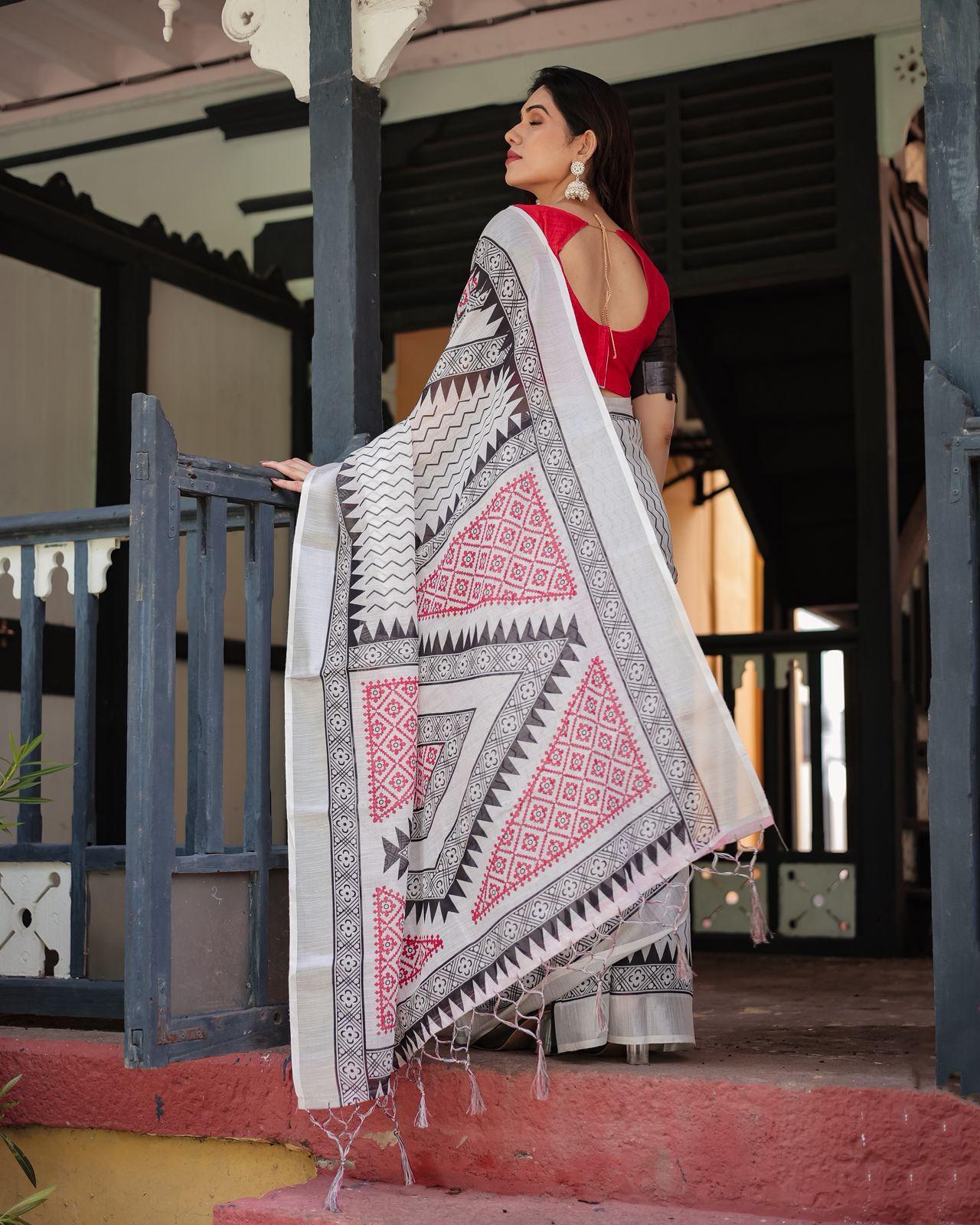 Elegant Black And White Printed Saree And Zari Woven Border With Ustitched Blouse | Dhanjyoti  - Image 5