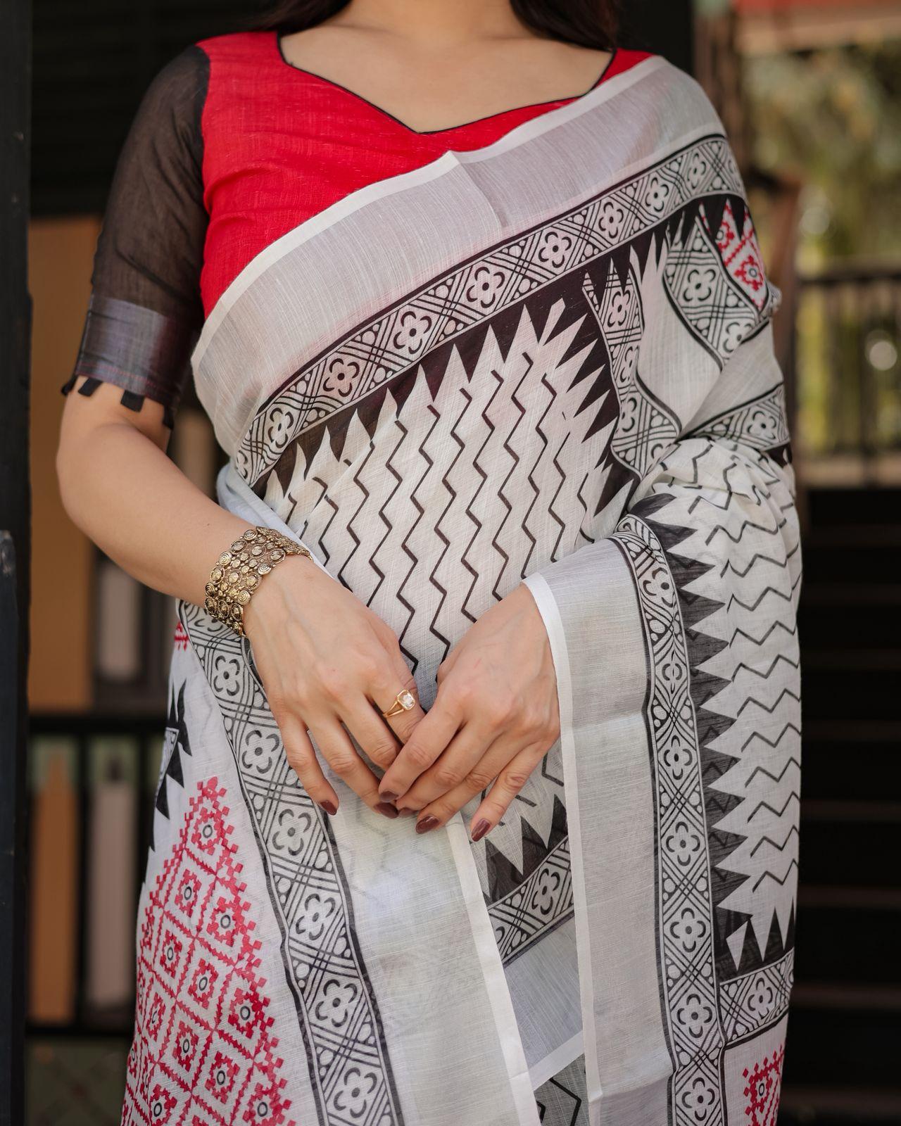 Elegant Black And White Printed Saree And Zari Woven Border With Ustitched Blouse | Dhanjyoti  - Image 2