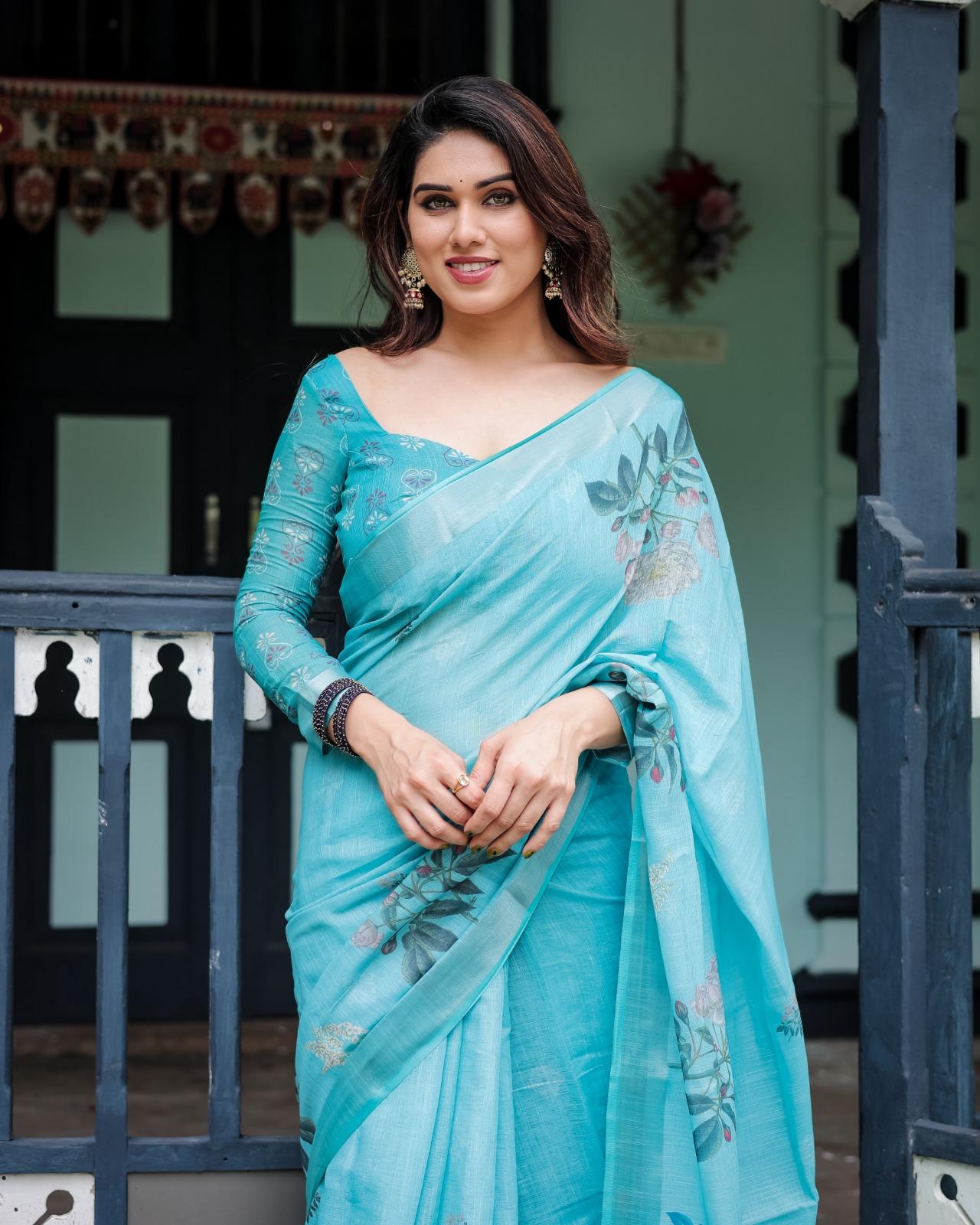 Elegant Blue Floral Saree With Unstitched Blouse Casual Wear | Dhanjyoti - Image 3