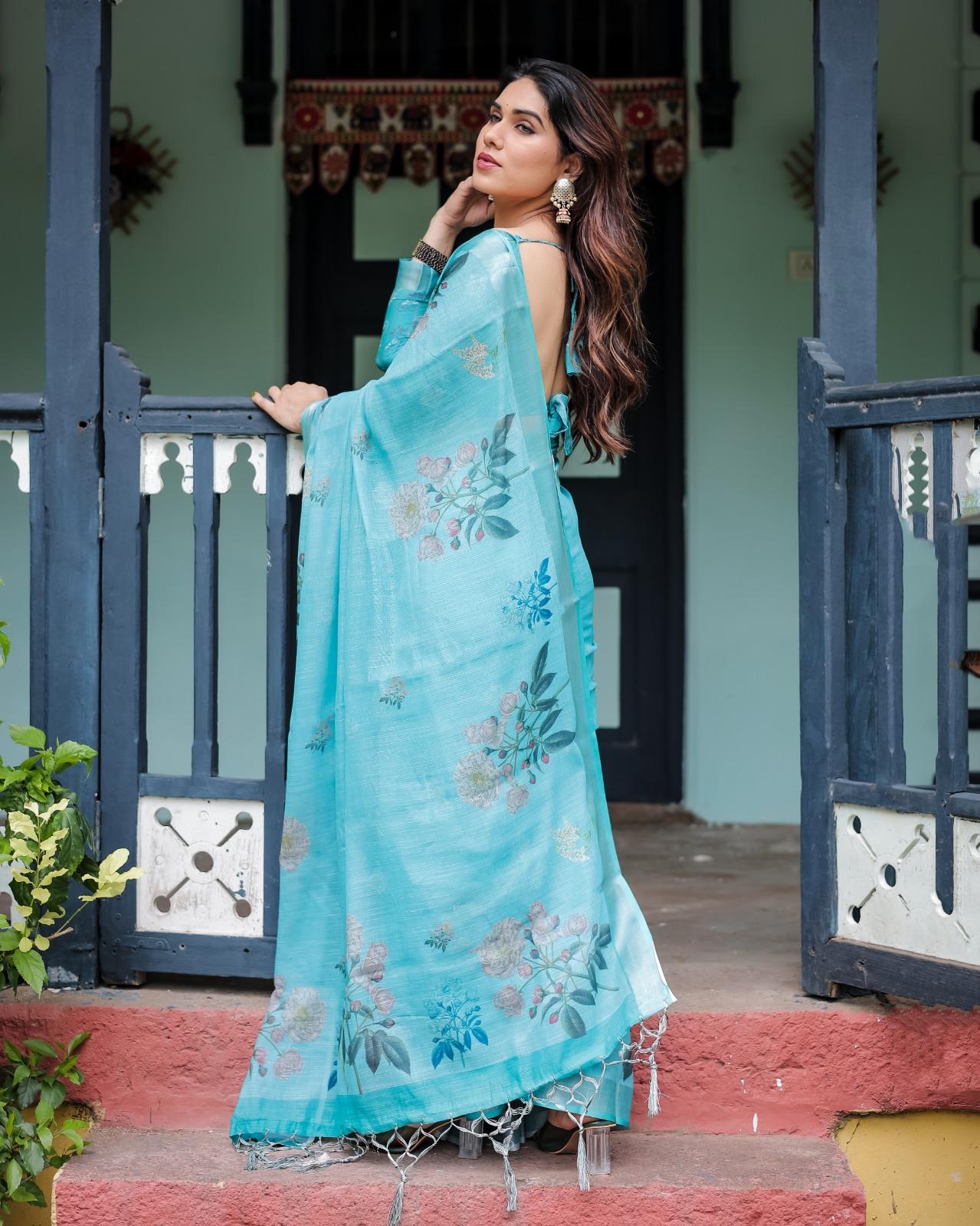 Elegant Blue Floral Saree With Unstitched Blouse Casual Wear | Dhanjyoti - Image 4
