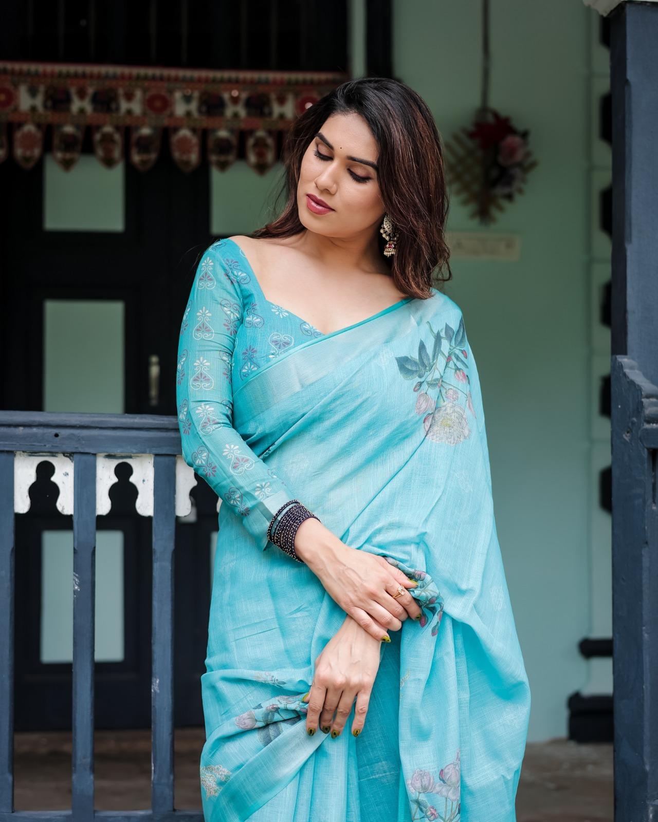 Elegant Blue Floral Saree With Unstitched Blouse Casual Wear | Dhanjyoti - Image 5