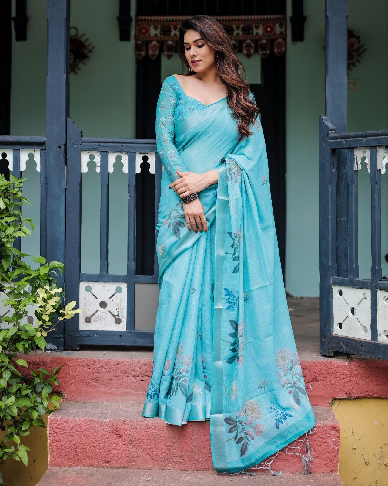 Elegant Blue Floral Saree With Unstitched Blouse Casual Wear | Dhanjyoti - Image 2