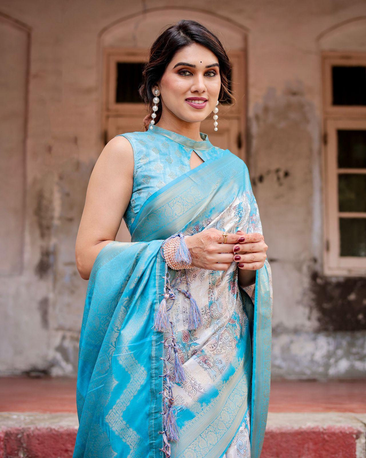 Elegant Blue Jacquard Pallu Saree And Woven Border And Pallu And Unstitched Blouse | Dhanjyoti  - Image 2