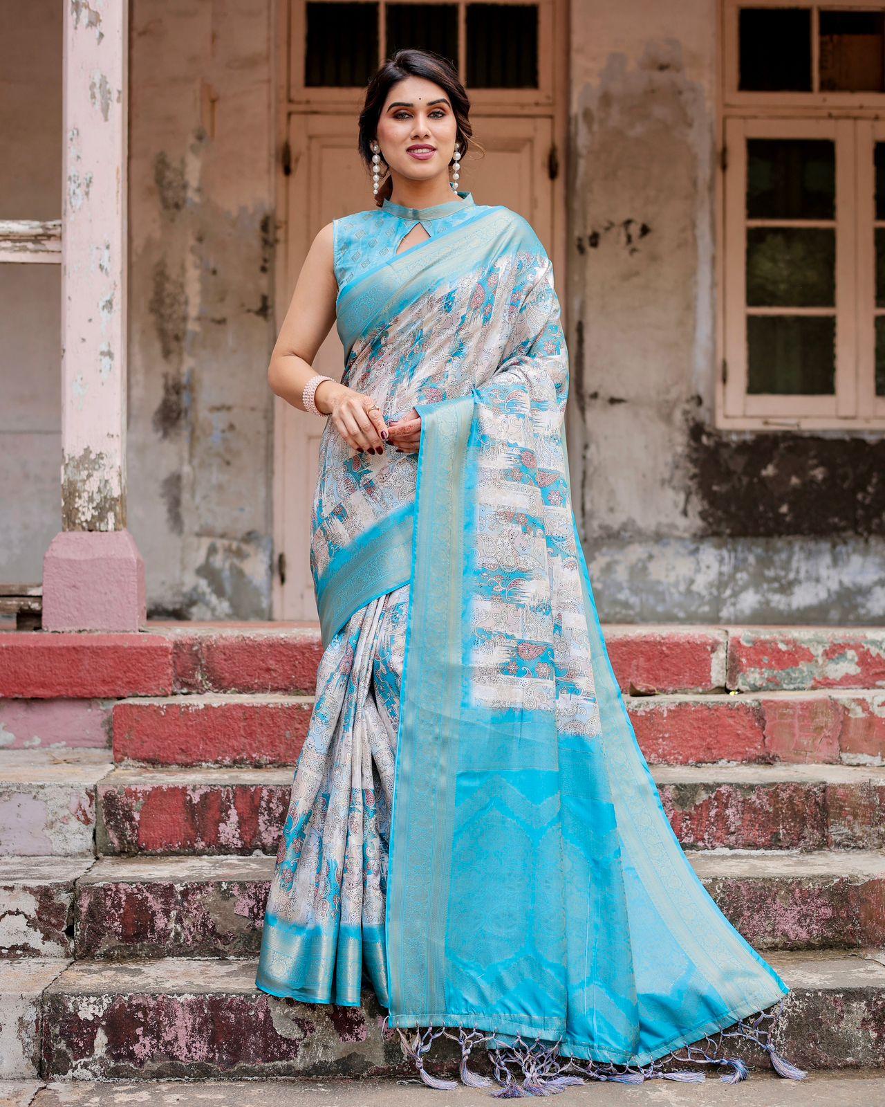 Elegant Blue Jacquard Pallu Saree And Woven Border And Pallu And Unstitched Blouse | Dhanjyoti  - Image 3