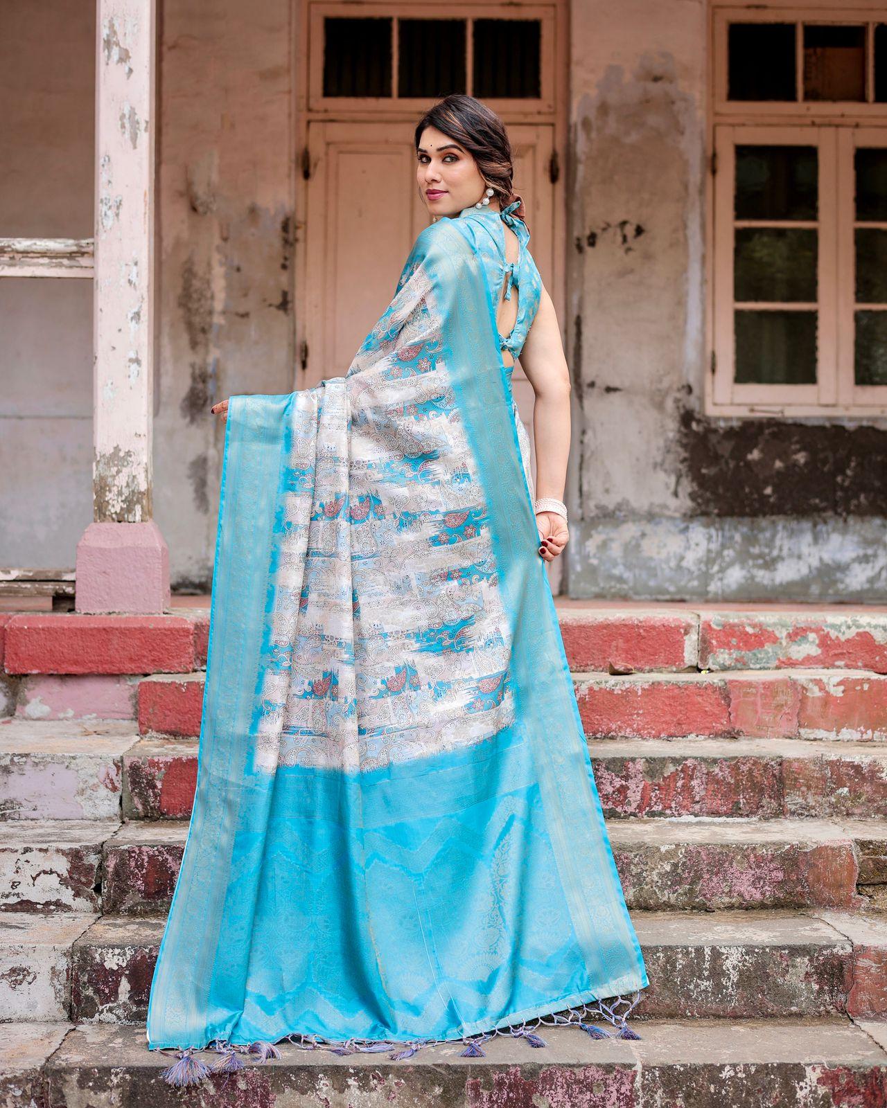 Elegant Blue Jacquard Pallu Saree And Woven Border And Pallu And Unstitched Blouse | Dhanjyoti  - Image 4