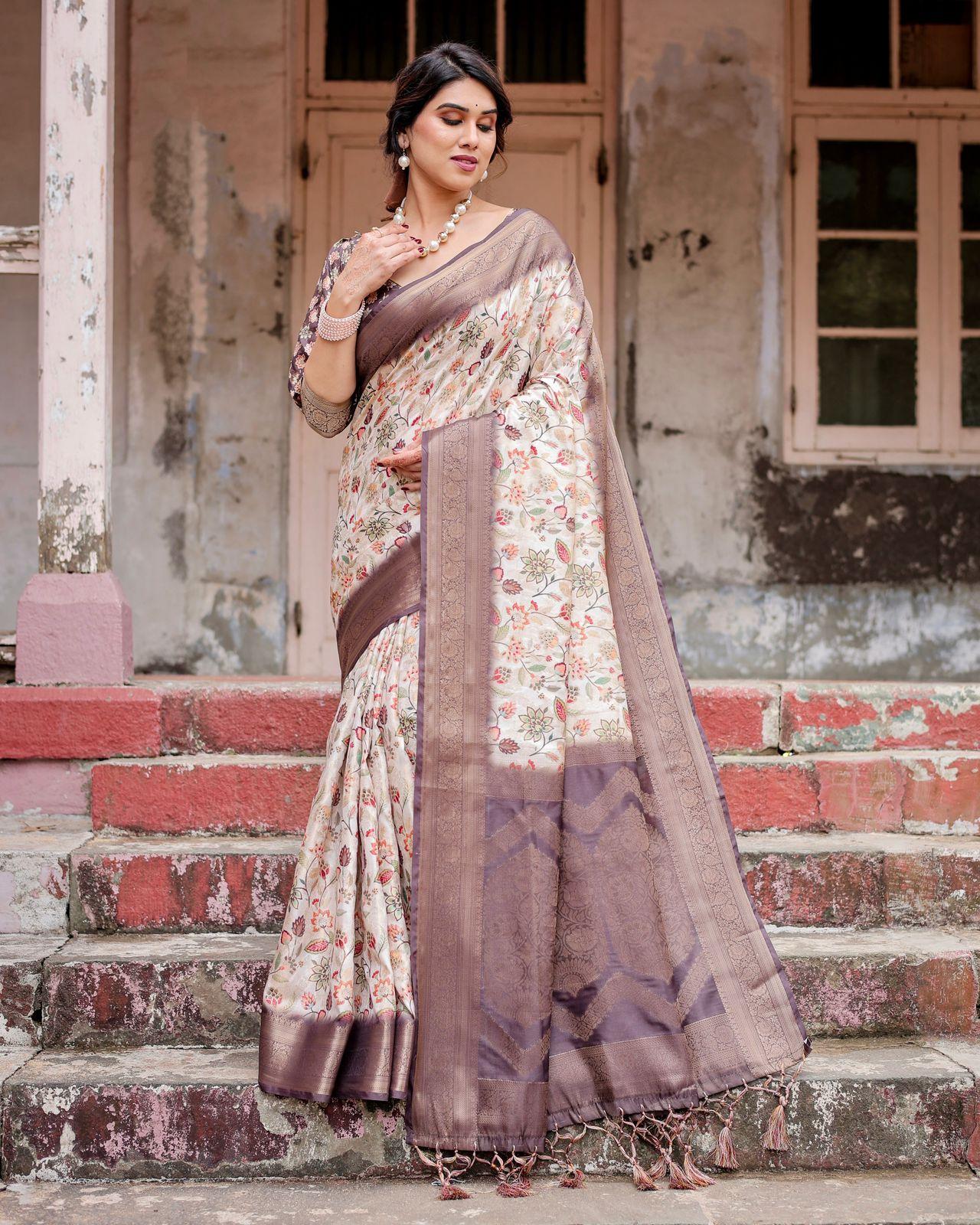 Elegant Floral Design Saree And Woven Border And Pallu And Unstitched Blouse | Dhanjyoti  - Image 2