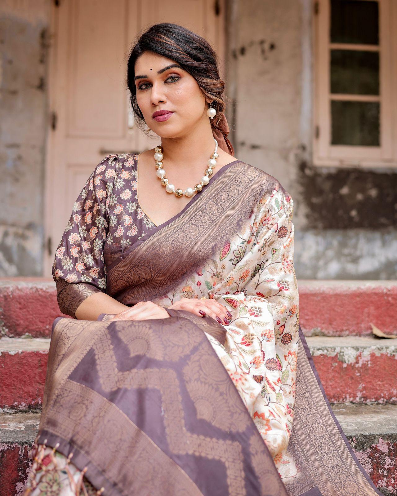 Elegant Floral Design Saree And Woven Border And Pallu And Unstitched Blouse | Dhanjyoti  - Image 3