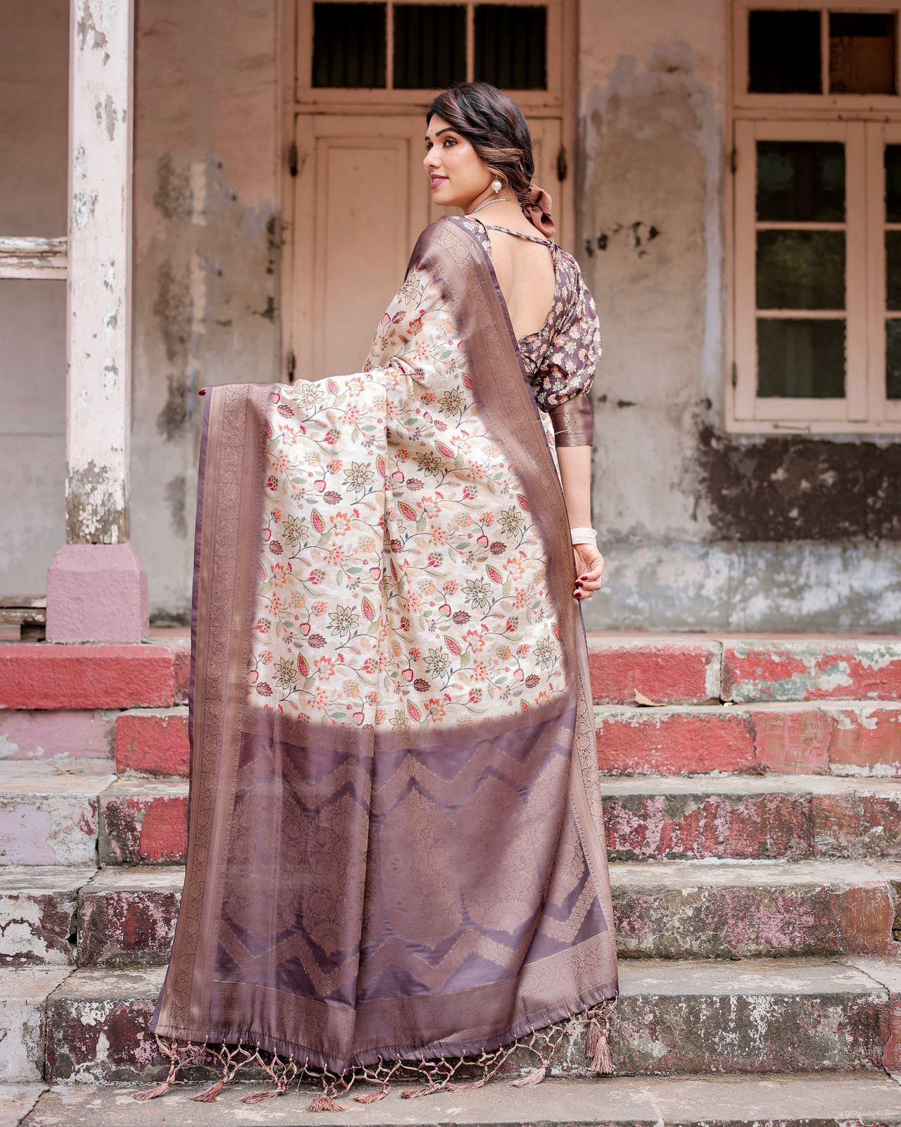 Elegant Floral Design Saree And Woven Border And Pallu And Unstitched Blouse | Dhanjyoti  - Image 4