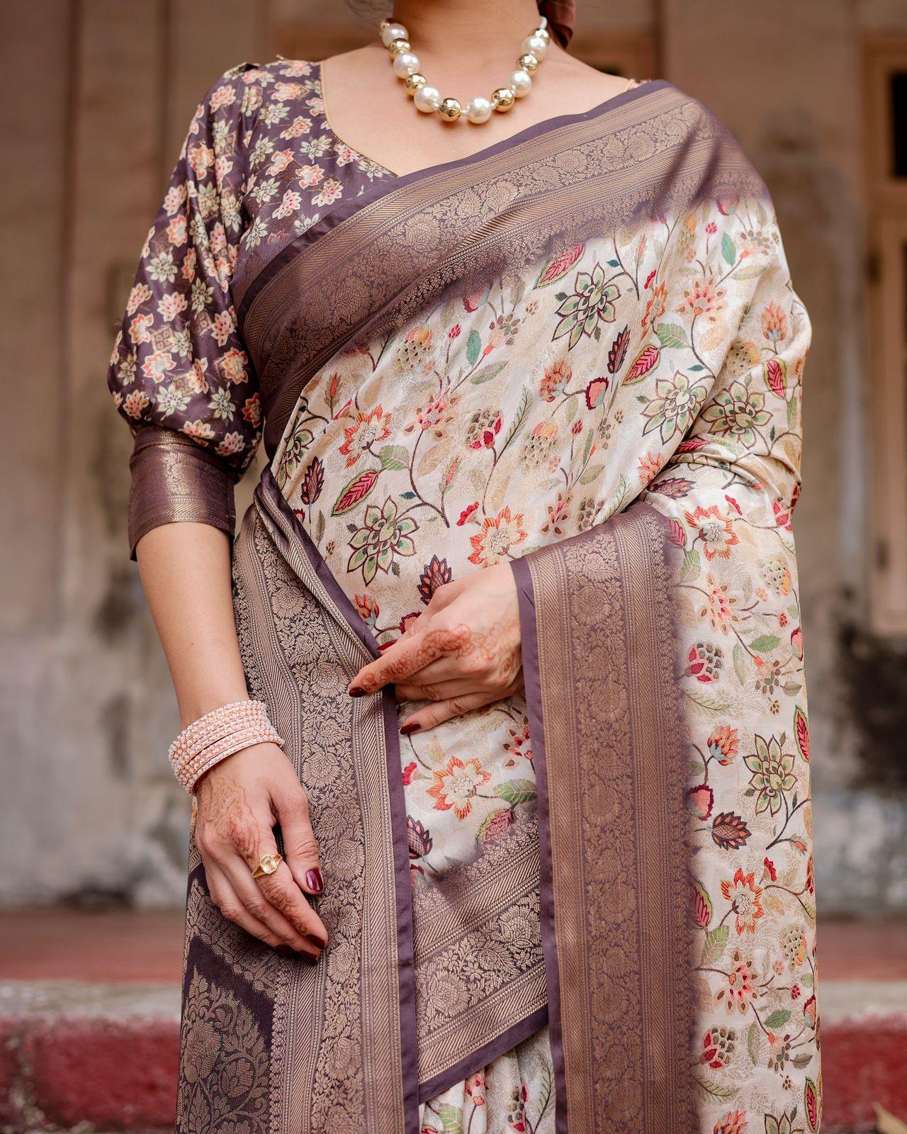 Elegant Floral Design Saree And Woven Border And Pallu And Unstitched Blouse | Dhanjyoti 