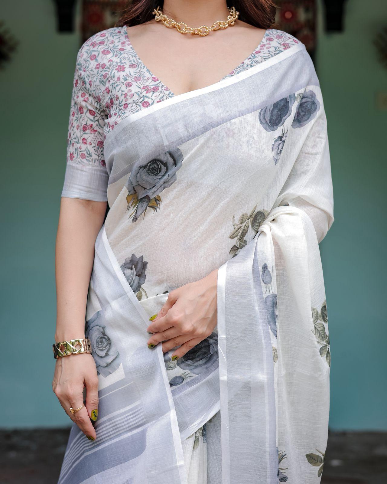 Elegant Floral Print Saree And Zari Woven Border With Unstitched Blouse |dhanjyoti - Image 3