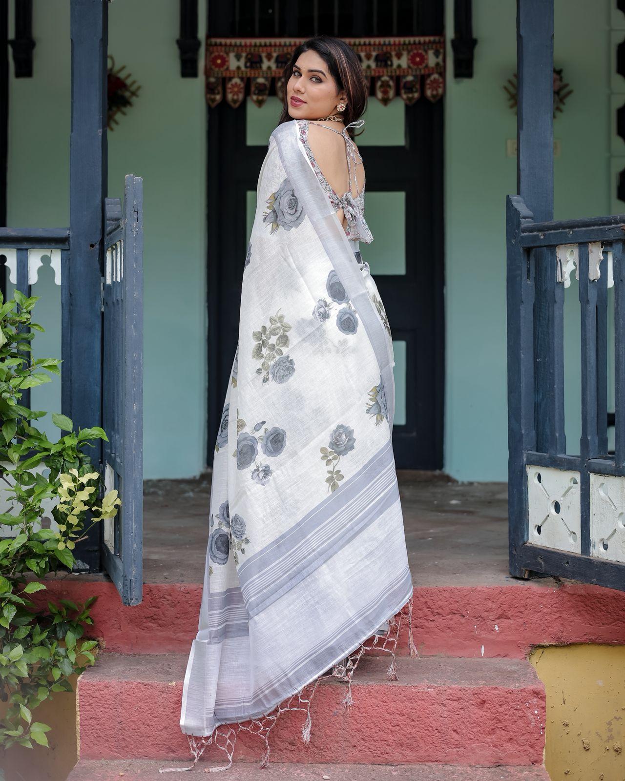 Elegant Floral Print Saree And Zari Woven Border With Unstitched Blouse |dhanjyoti - Image 5