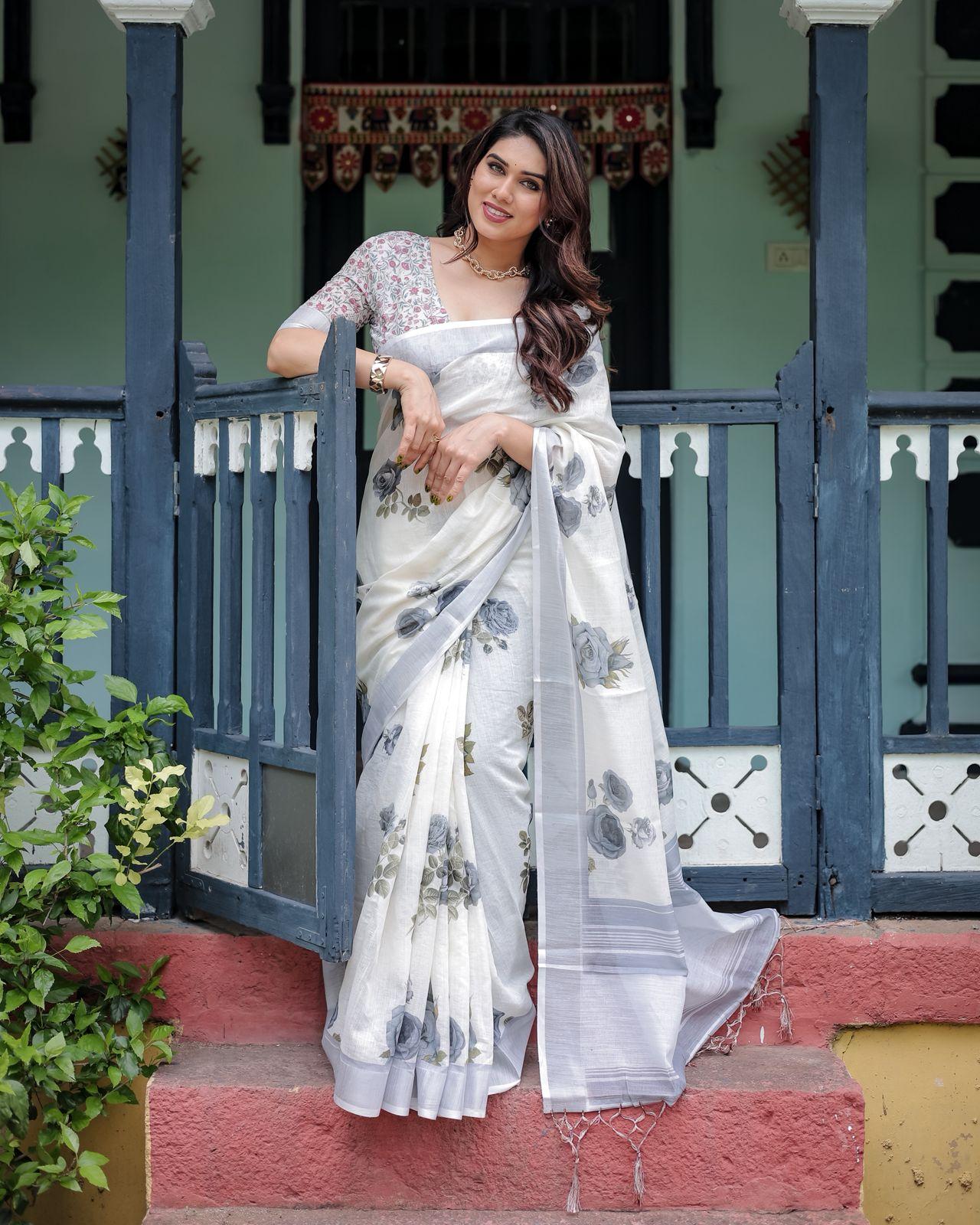 Elegant Floral Print Saree And Zari Woven Border With Unstitched Blouse |dhanjyoti - Image 2