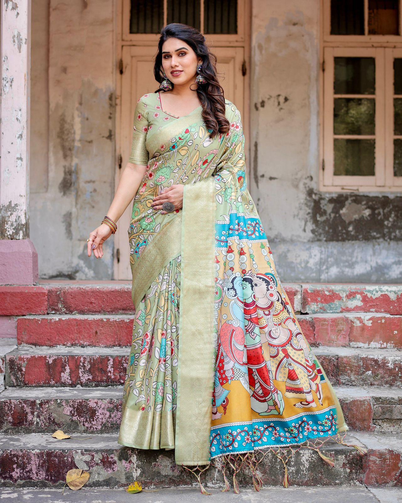 Elegant Floral Print Silk Saree And Woven Border And Pallu With Unstitched Blouse | Dhanjyoti  - Image 3
