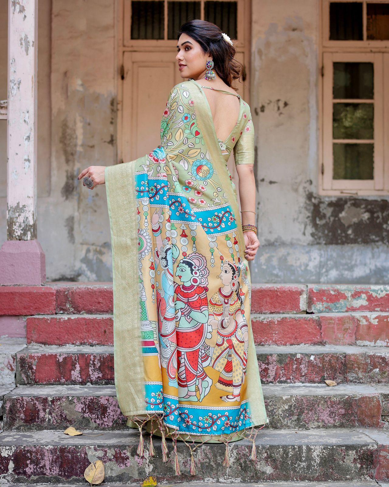 Elegant Floral Print Silk Saree And Woven Border And Pallu With Unstitched Blouse | Dhanjyoti  - Image 4