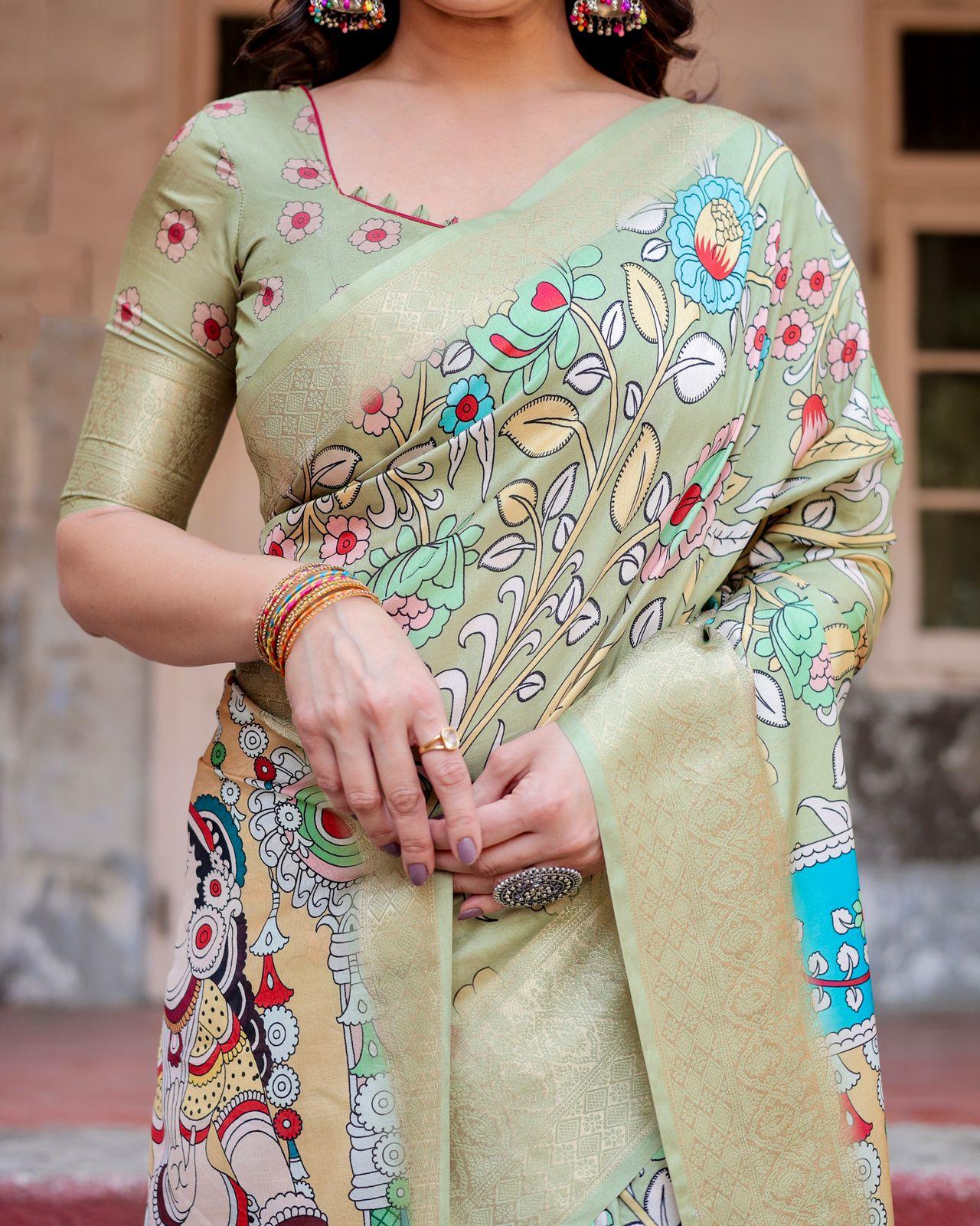 Elegant Floral Print Silk Saree And Woven Border And Pallu With Unstitched Blouse | Dhanjyoti  - Image 5