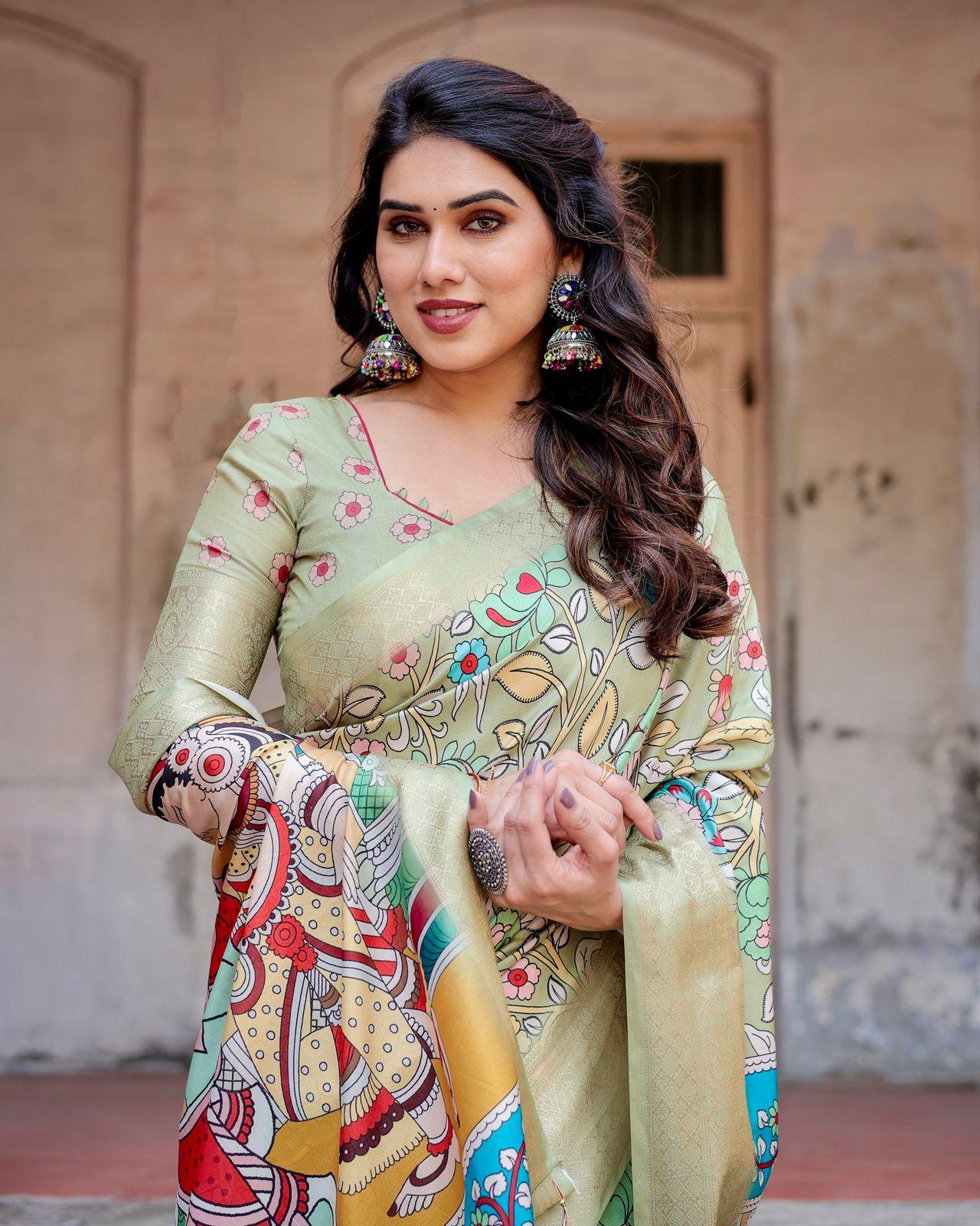 Elegant Floral Print Silk Saree And Woven Border And Pallu With Unstitched Blouse | Dhanjyoti  - Image 2