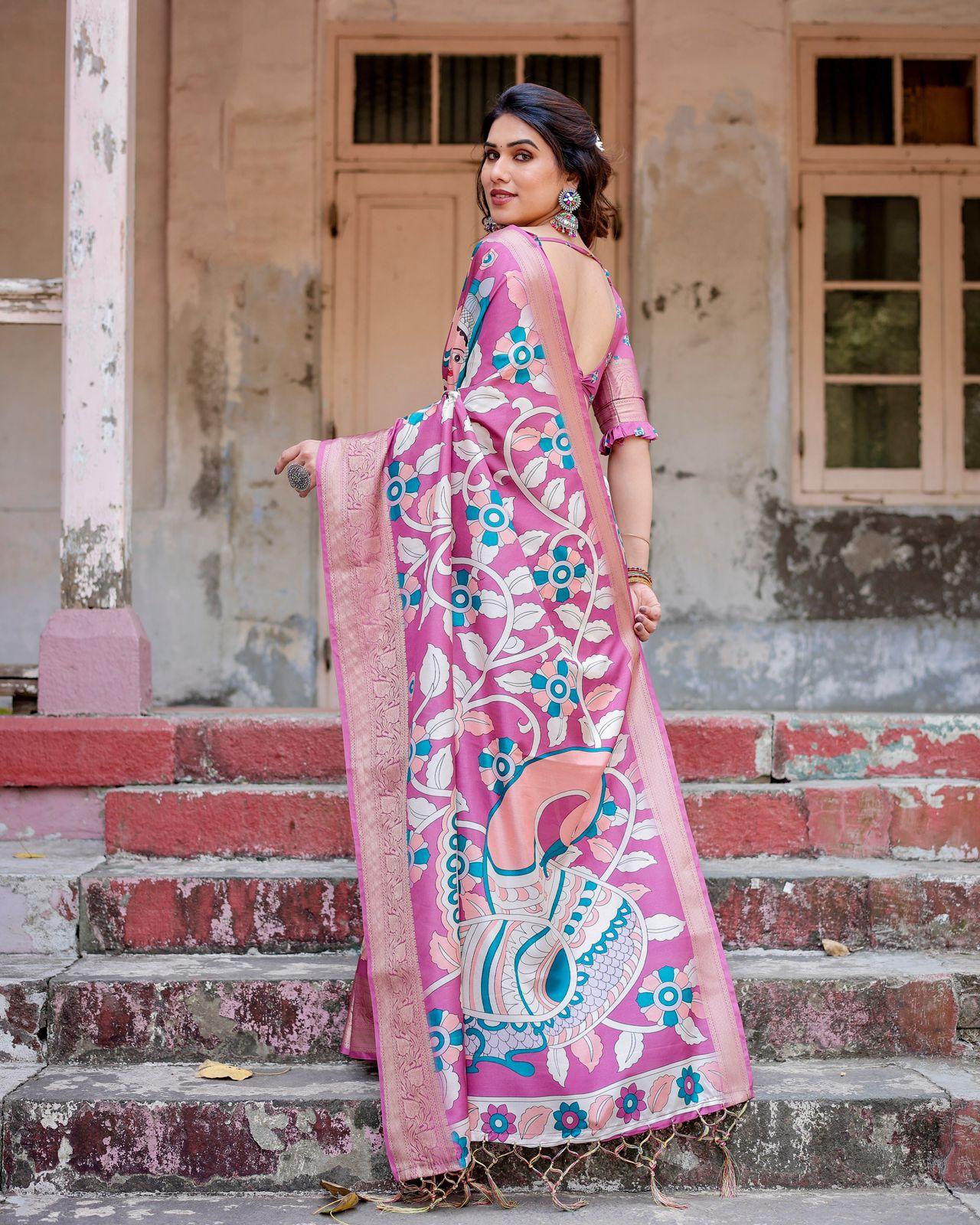 Elegant Floral Printed Saree And Woven Border And Unstitched Blouse | Dhanjyoti  - Image 3