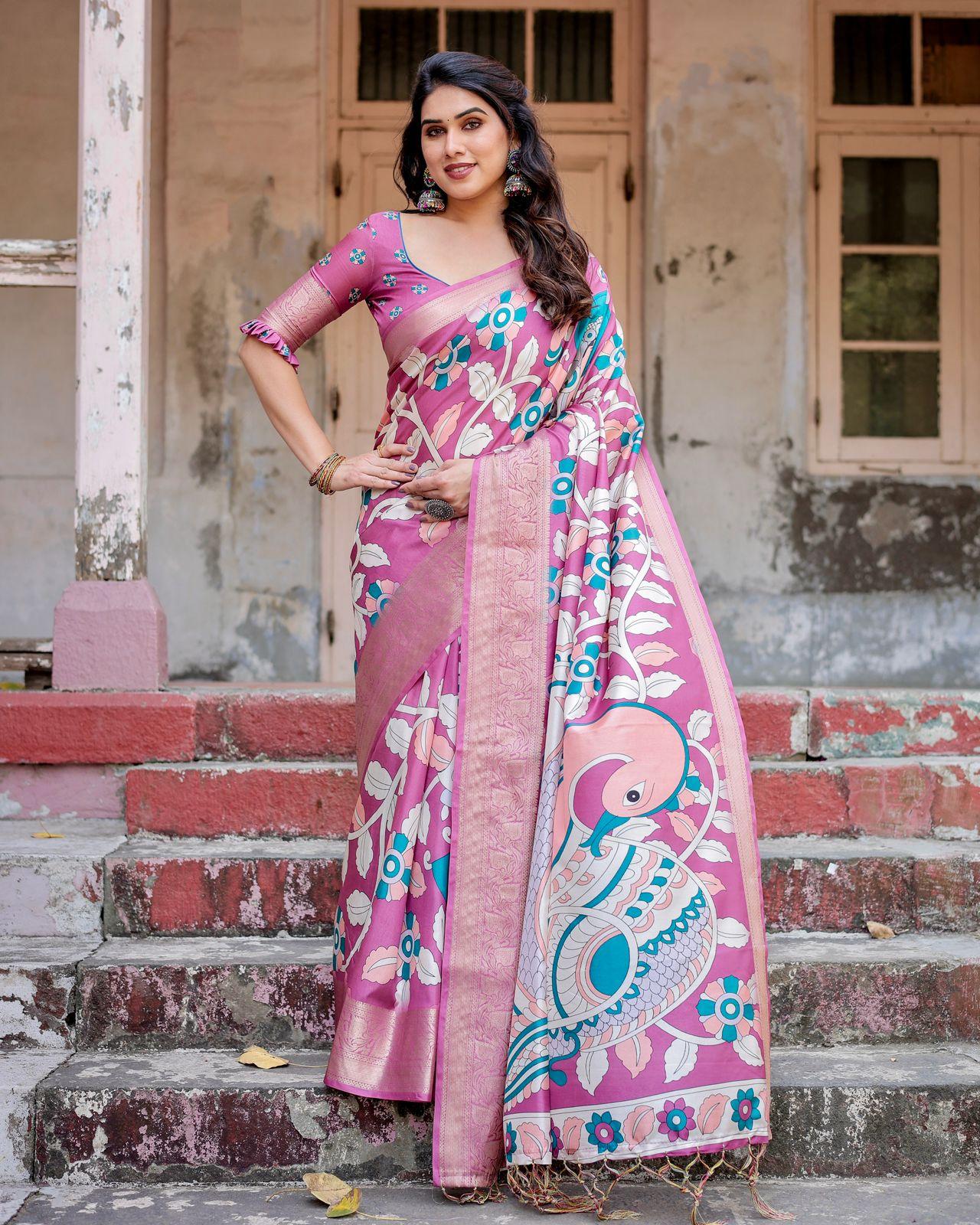 Elegant Floral Printed Saree And Woven Border And Unstitched Blouse | Dhanjyoti  - Image 4