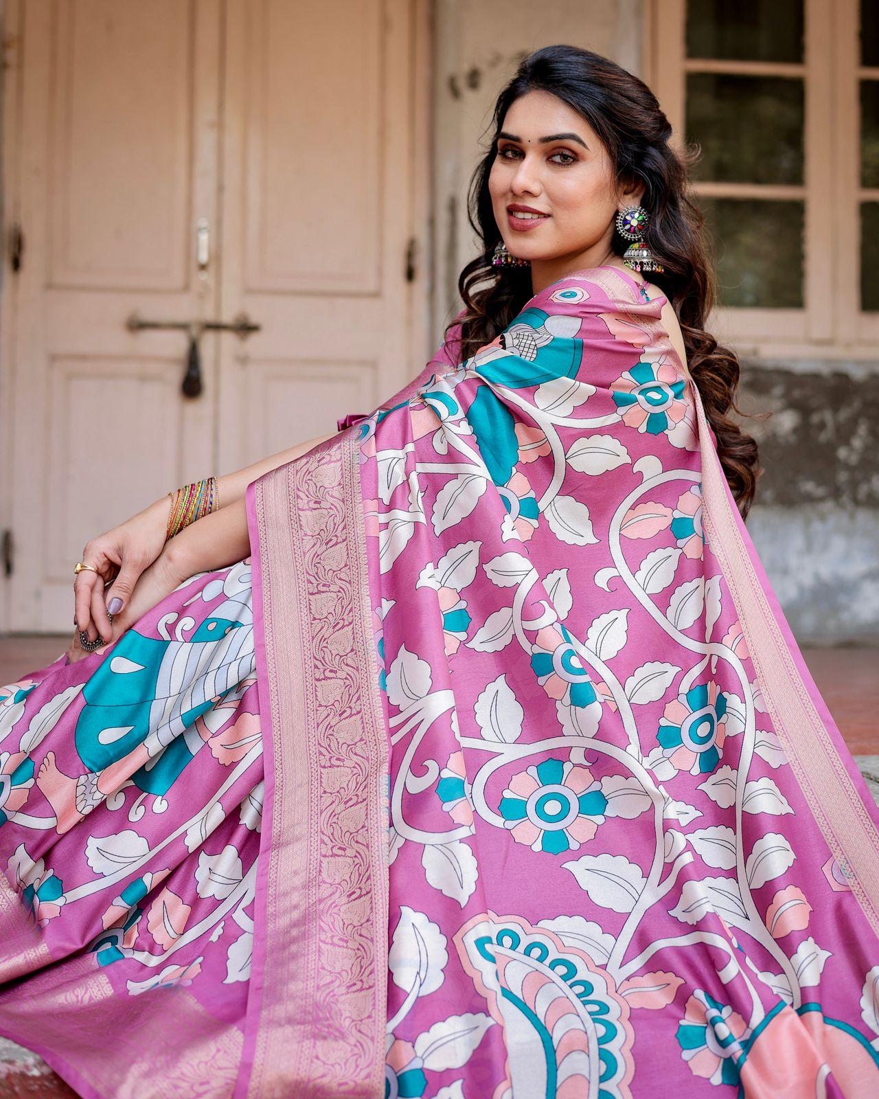 Elegant Floral Printed Saree And Woven Border And Unstitched Blouse | Dhanjyoti 