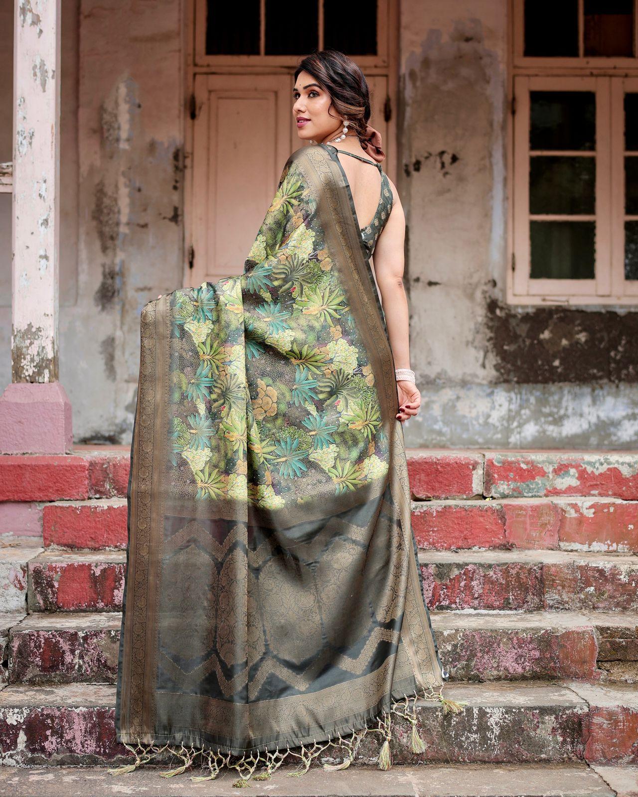 Elegant Floral Printed Saree And Woven Border And Pallu With Unstitched Blouse Party Wear | Dhanjyoti  - Image 3