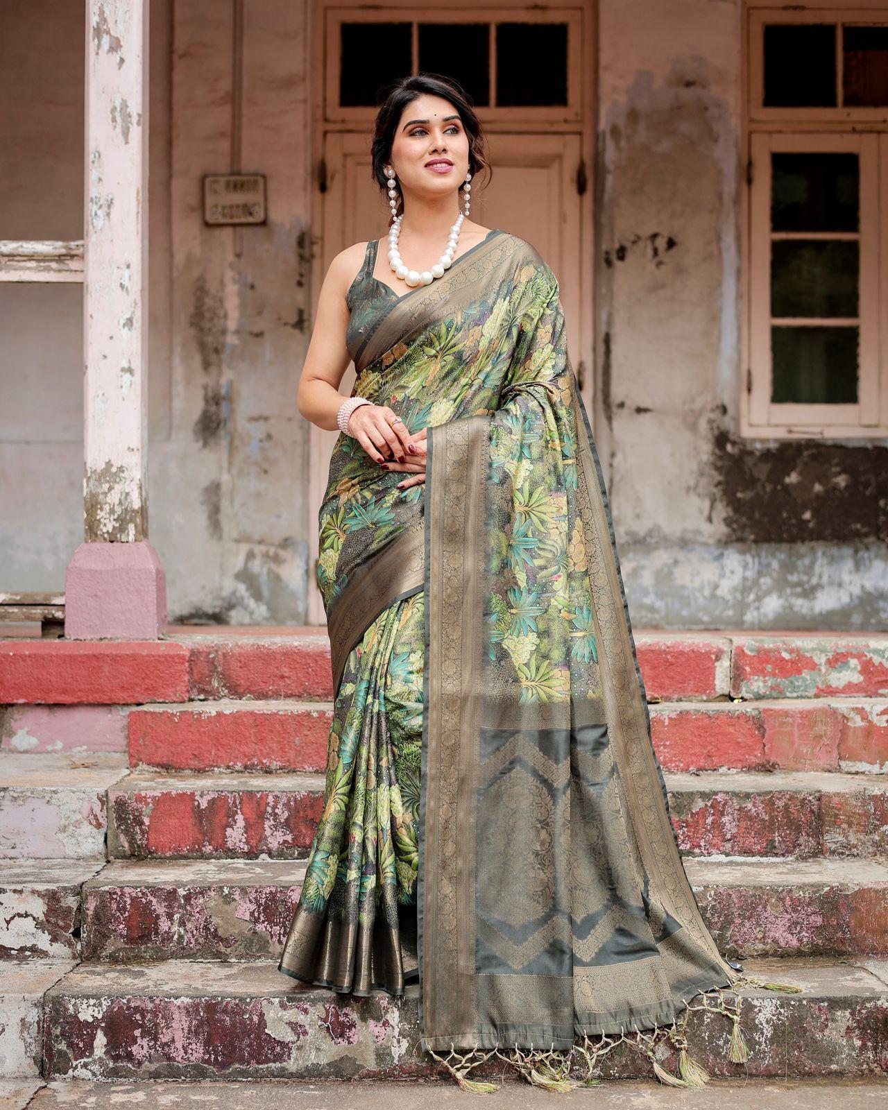 Elegant Floral Printed Saree And Woven Border And Pallu With Unstitched Blouse Party Wear | Dhanjyoti  - Image 5