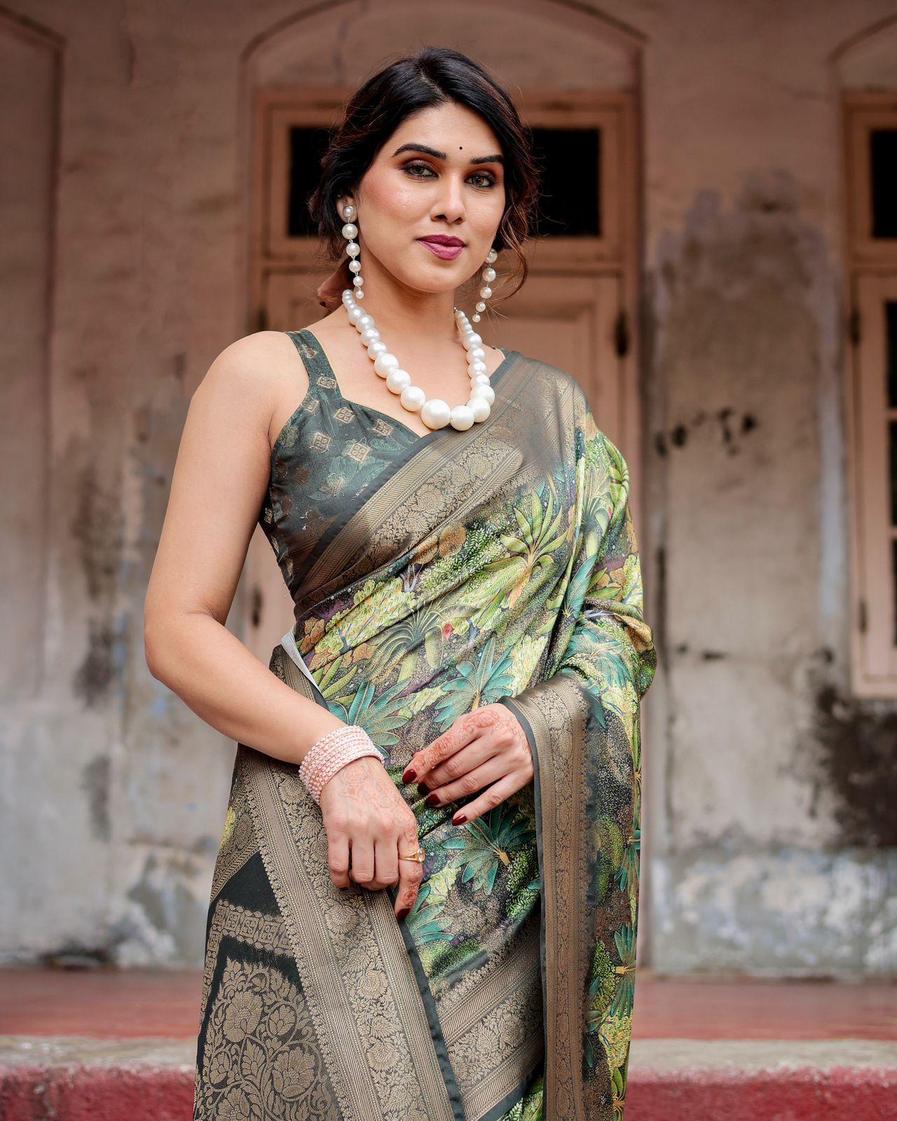 Elegant Floral Printed Saree And Woven Border And Pallu With Unstitched Blouse Party Wear | Dhanjyoti  - Image 2