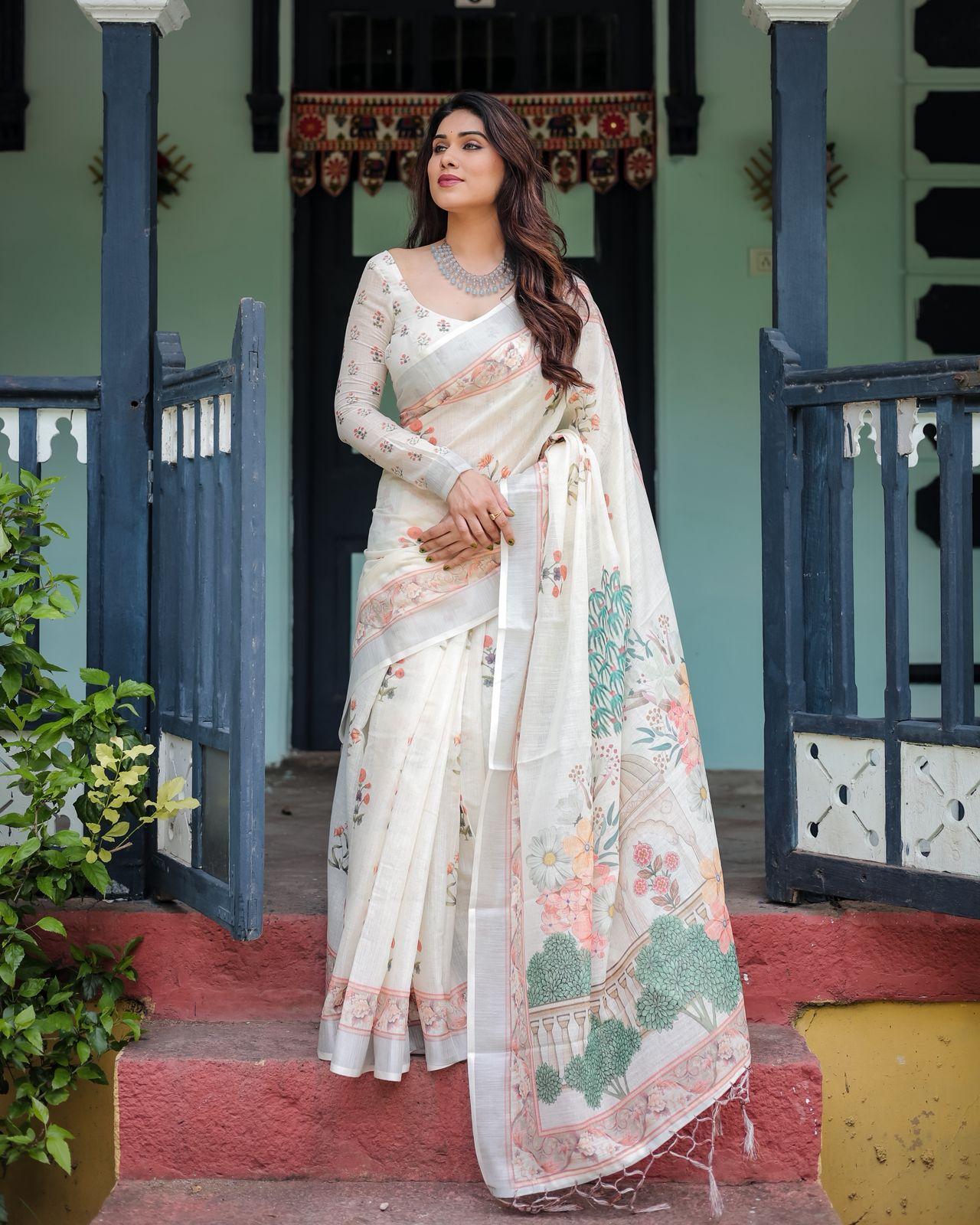 Elegant Floral Printed Silk Saree And Zari Woven Border For Evening Wear With Unstitched Blouse | Dhanjyoti  - Image 3