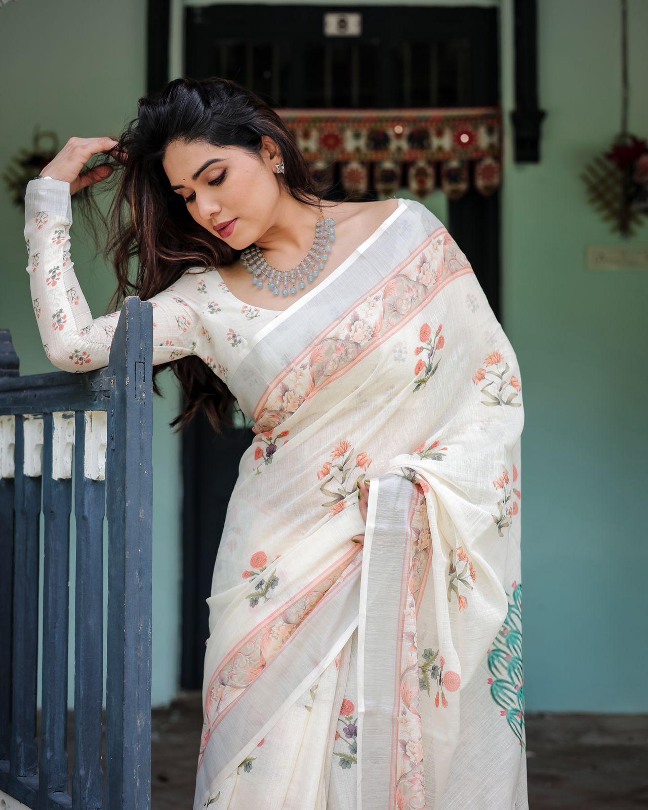 Elegant Floral Printed Silk Saree And Zari Woven Border For Evening Wear With Unstitched Blouse | Dhanjyoti  - Image 4