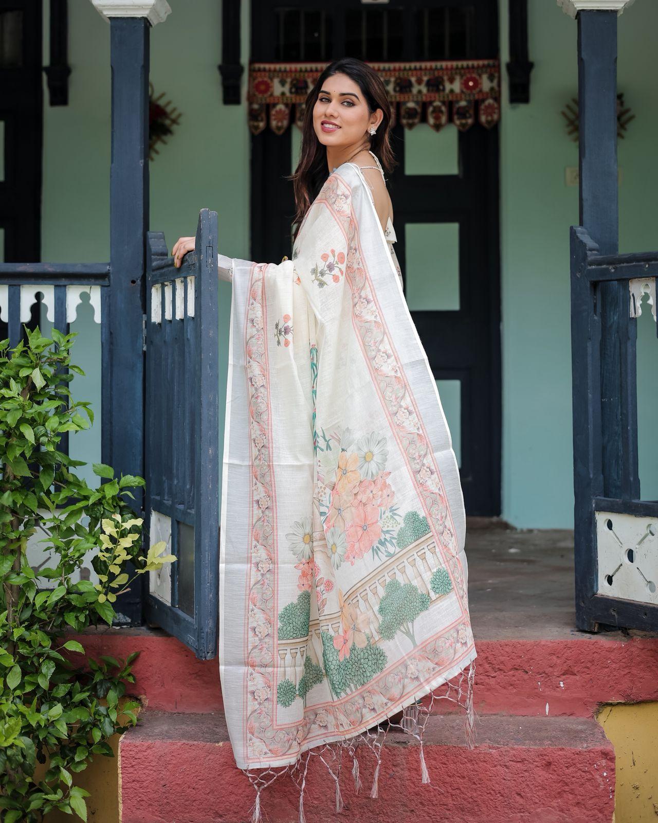 Elegant Floral Printed Silk Saree And Zari Woven Border For Evening Wear With Unstitched Blouse | Dhanjyoti  - Image 5
