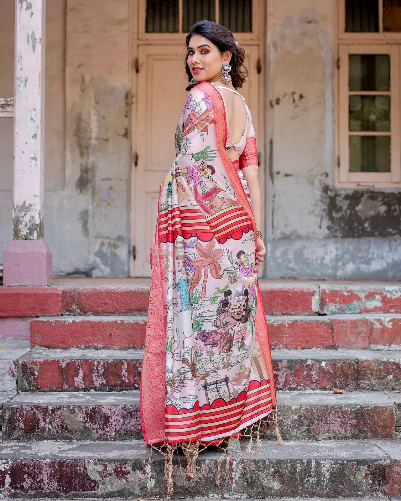 Elegant Floral Saree With Contrast Border - Image 3