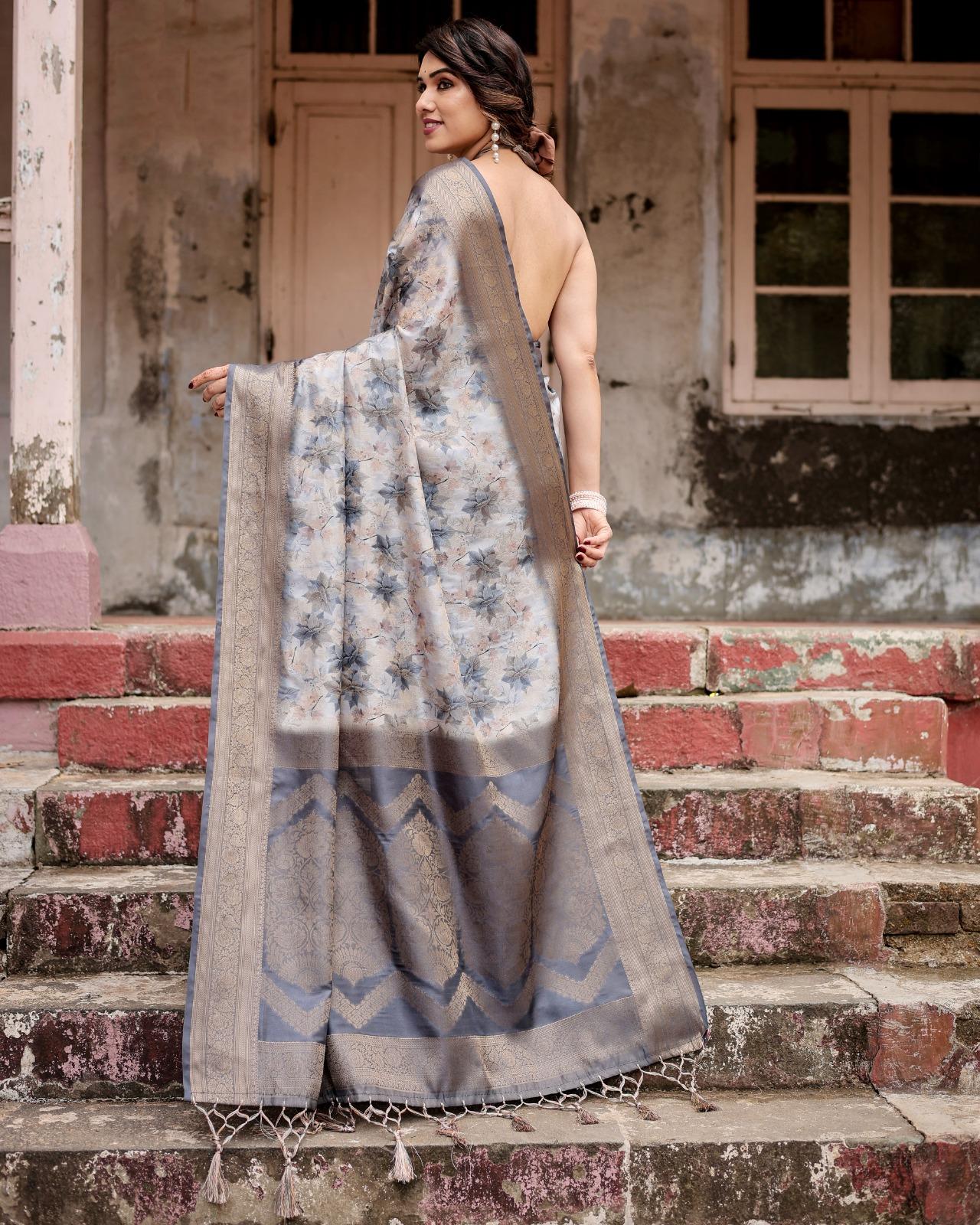 Elegant Floral Printed Silk Saree And Woven Border And Pallu With Unstitched Blouse And Party Wear | Dhanjyoti  - Image 4