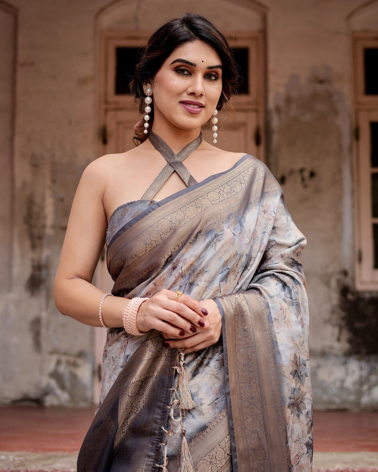 Elegant Floral Printed Silk Saree And Woven Border And Pallu With Unstitched Blouse And Party Wear | Dhanjyoti  - Image 5
