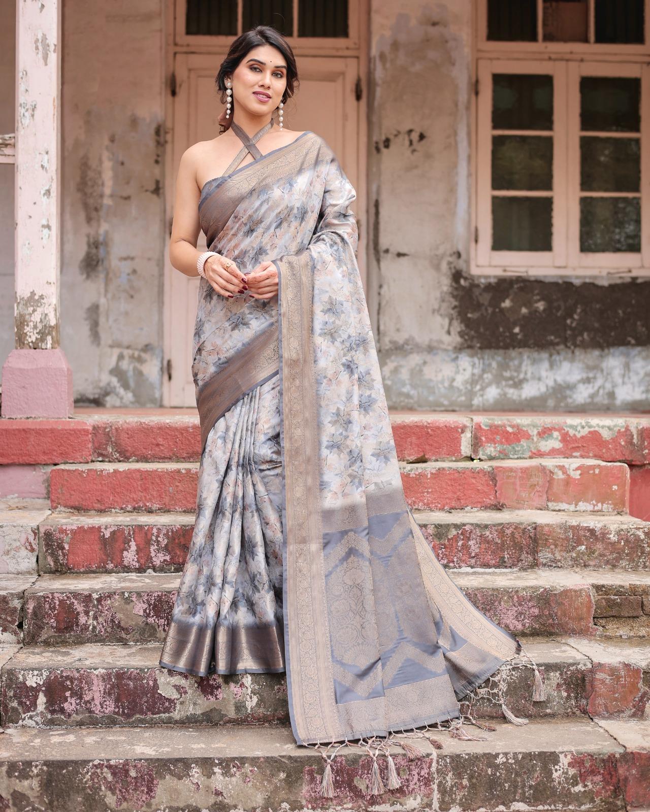 Elegant Floral Printed Silk Saree And Woven Border And Pallu With Unstitched Blouse And Party Wear | Dhanjyoti  - Image 2