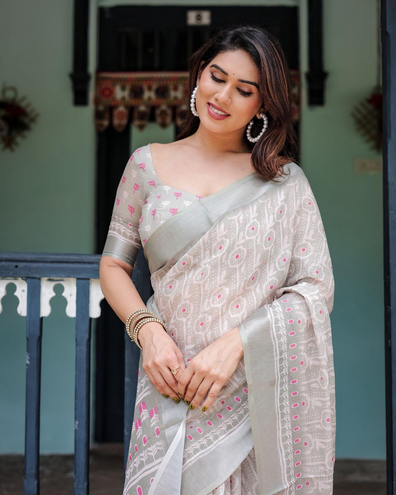 Elegant Linen Printed Saree And Zari Woven Border With Unstitched Blouse | Dhanjyoti  - Image 3