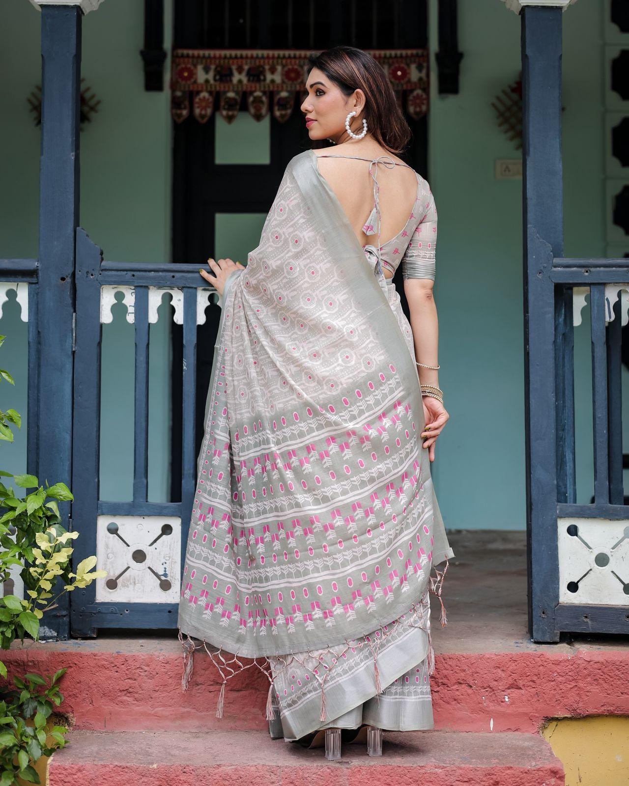 Elegant Linen Printed Saree And Zari Woven Border With Unstitched Blouse | Dhanjyoti  - Image 4