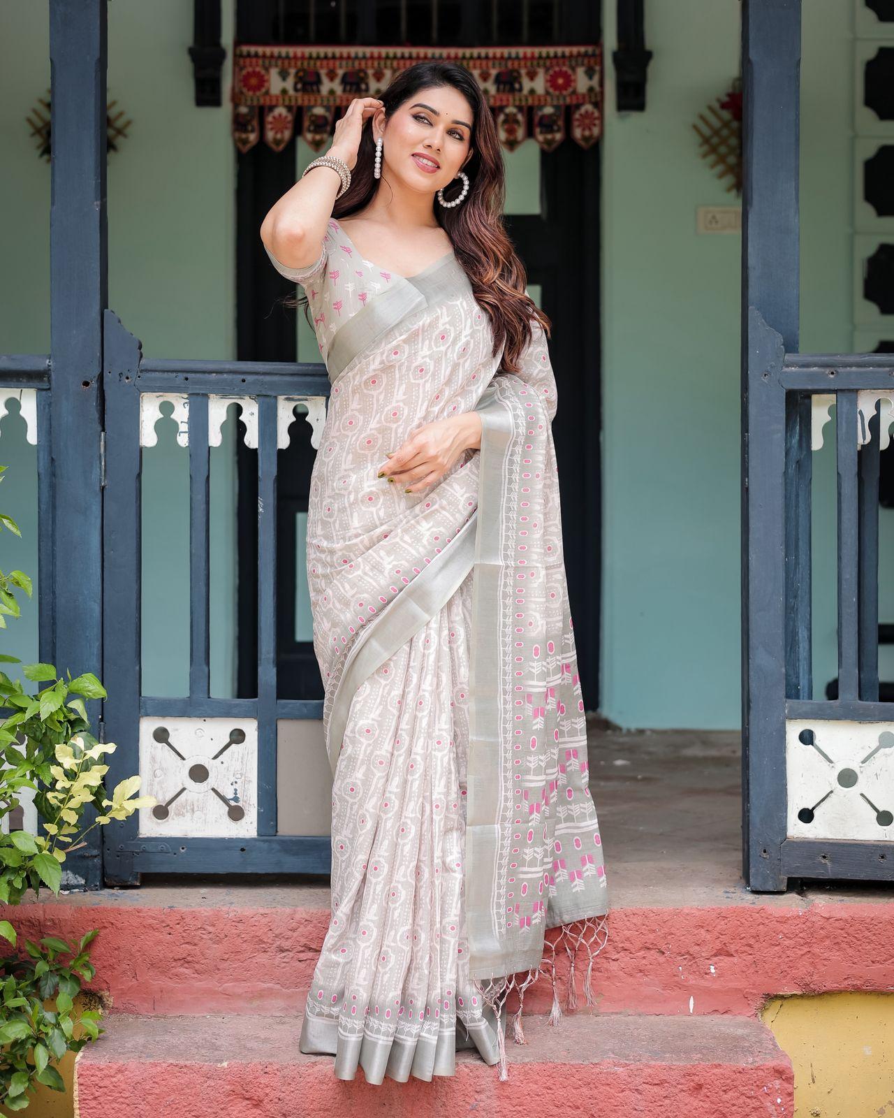 Elegant Linen Printed Saree And Zari Woven Border With Unstitched Blouse | Dhanjyoti  - Image 5