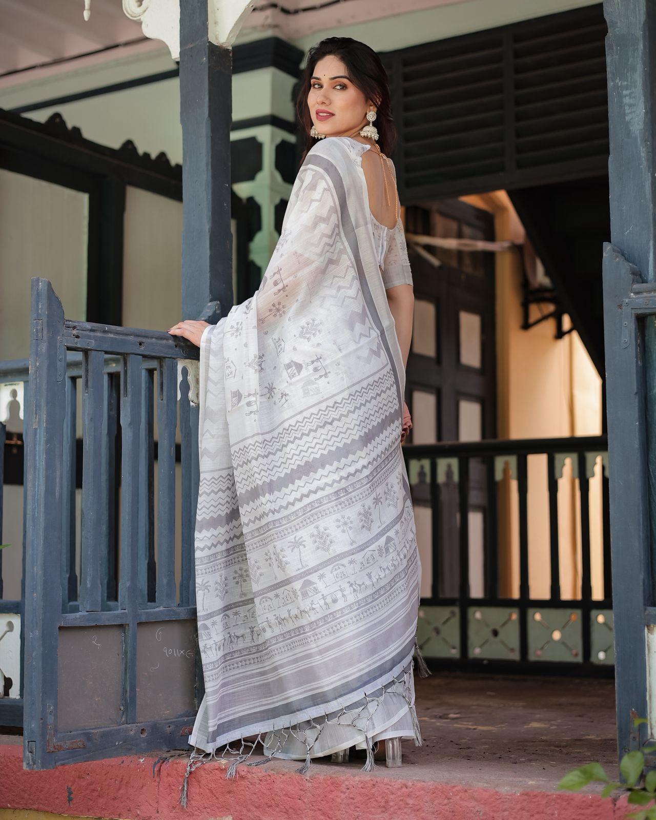 Elegant Gray Printed Saree And Zari Woven Border With Unstitched Blouse For Casual Wear | Dhanjyoti  - Image 3