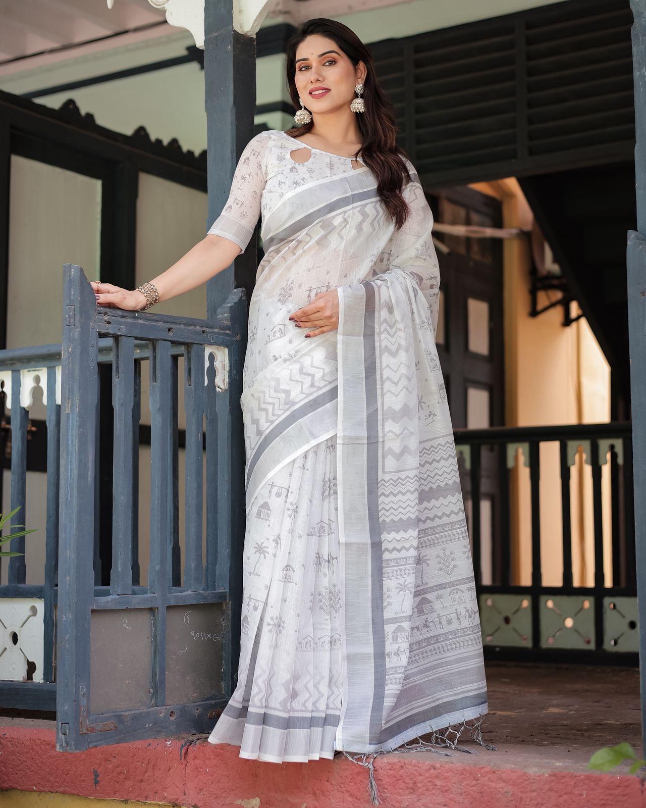 Elegant Gray Printed Saree And Zari Woven Border With Unstitched Blouse For Casual Wear | Dhanjyoti  - Image 4
