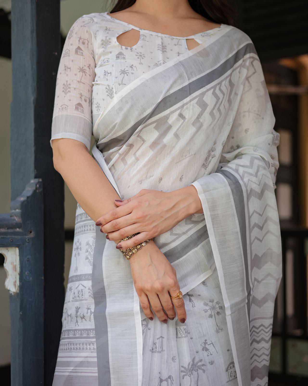 Elegant Gray Printed Saree And Zari Woven Border With Unstitched Blouse For Casual Wear | Dhanjyoti  - Image 5