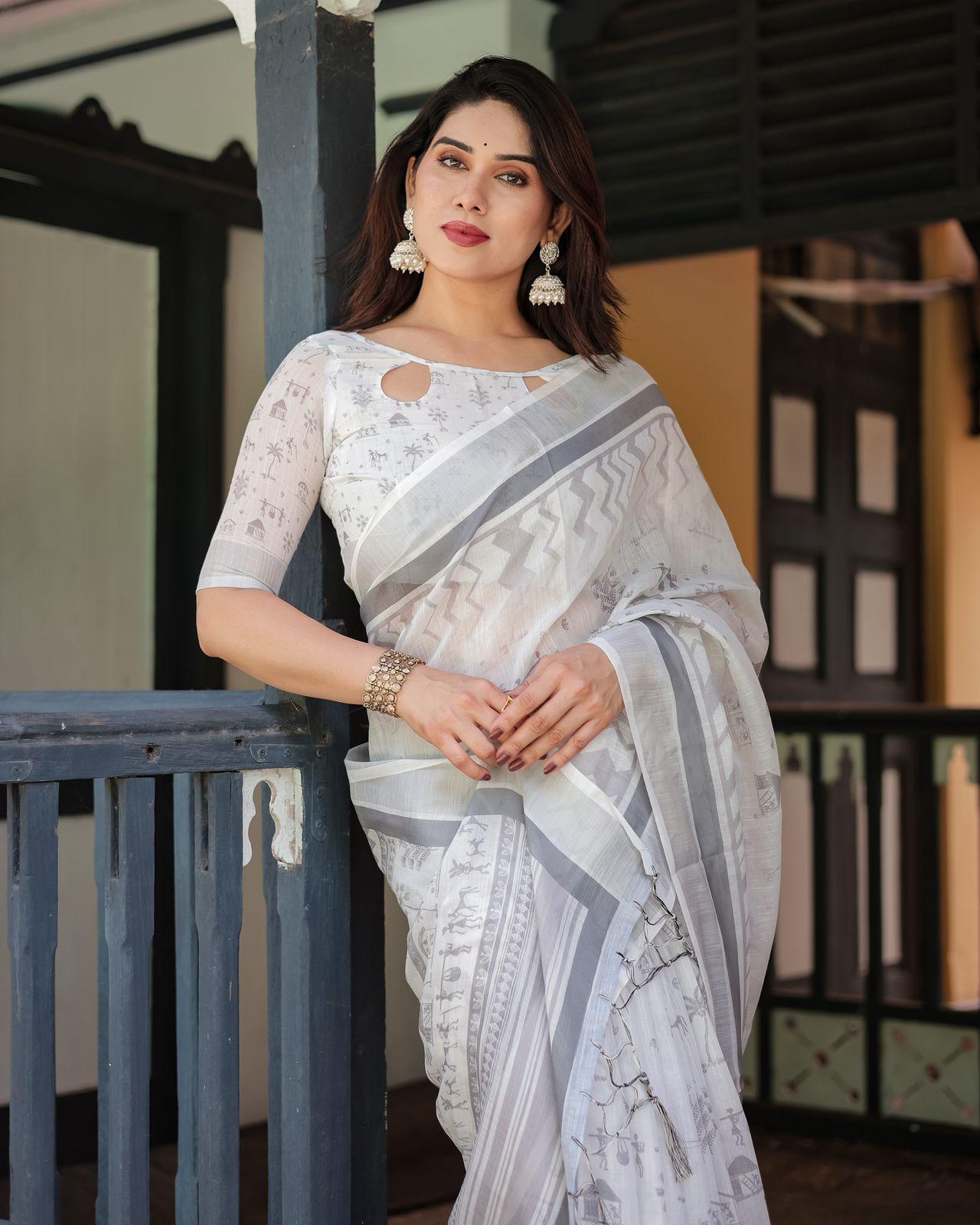 Elegant Gray Printed Saree And Zari Woven Border With Unstitched Blouse For Casual Wear | Dhanjyoti  - Image 2