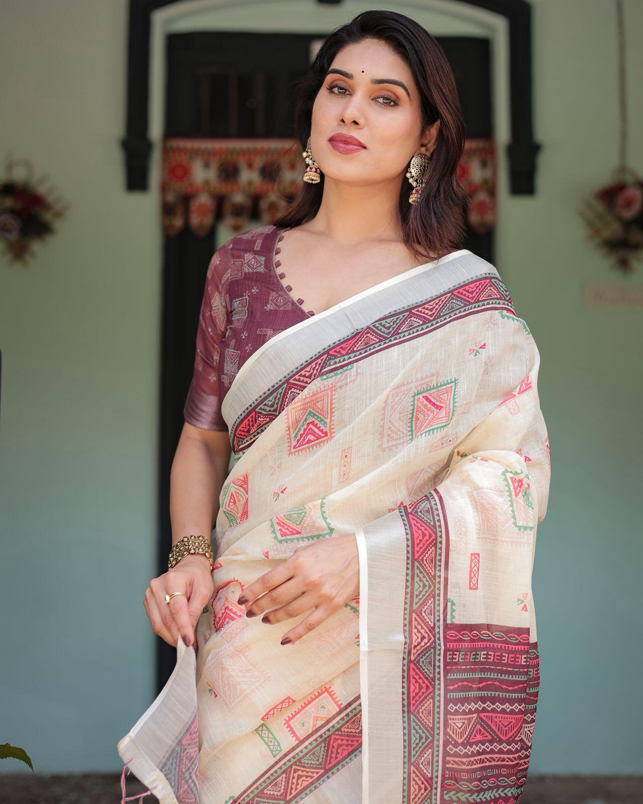 Elegant Digital Printed Saree With Intricate Patterns And Zari Woven Border With Unstitched Blouse | Dhanjyoti  - Image 2