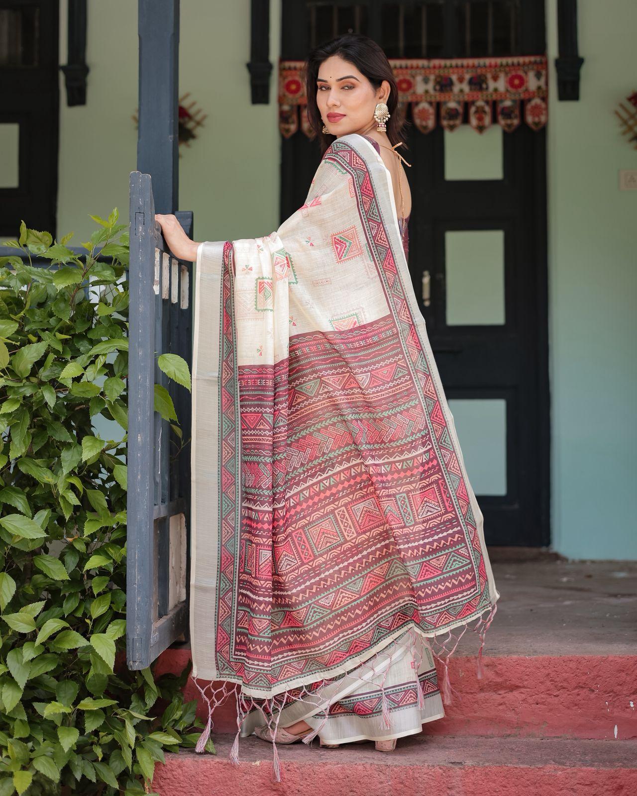 Elegant Digital Printed Saree With Intricate Patterns And Zari Woven Border With Unstitched Blouse | Dhanjyoti  - Image 3