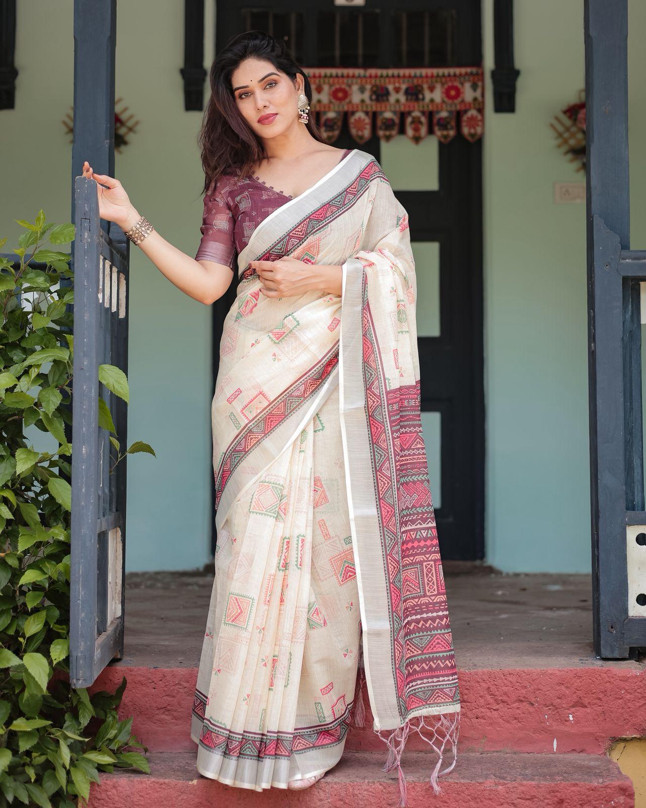 Elegant Digital Printed Saree With Intricate Patterns And Zari Woven Border With Unstitched Blouse | Dhanjyoti  - Image 4