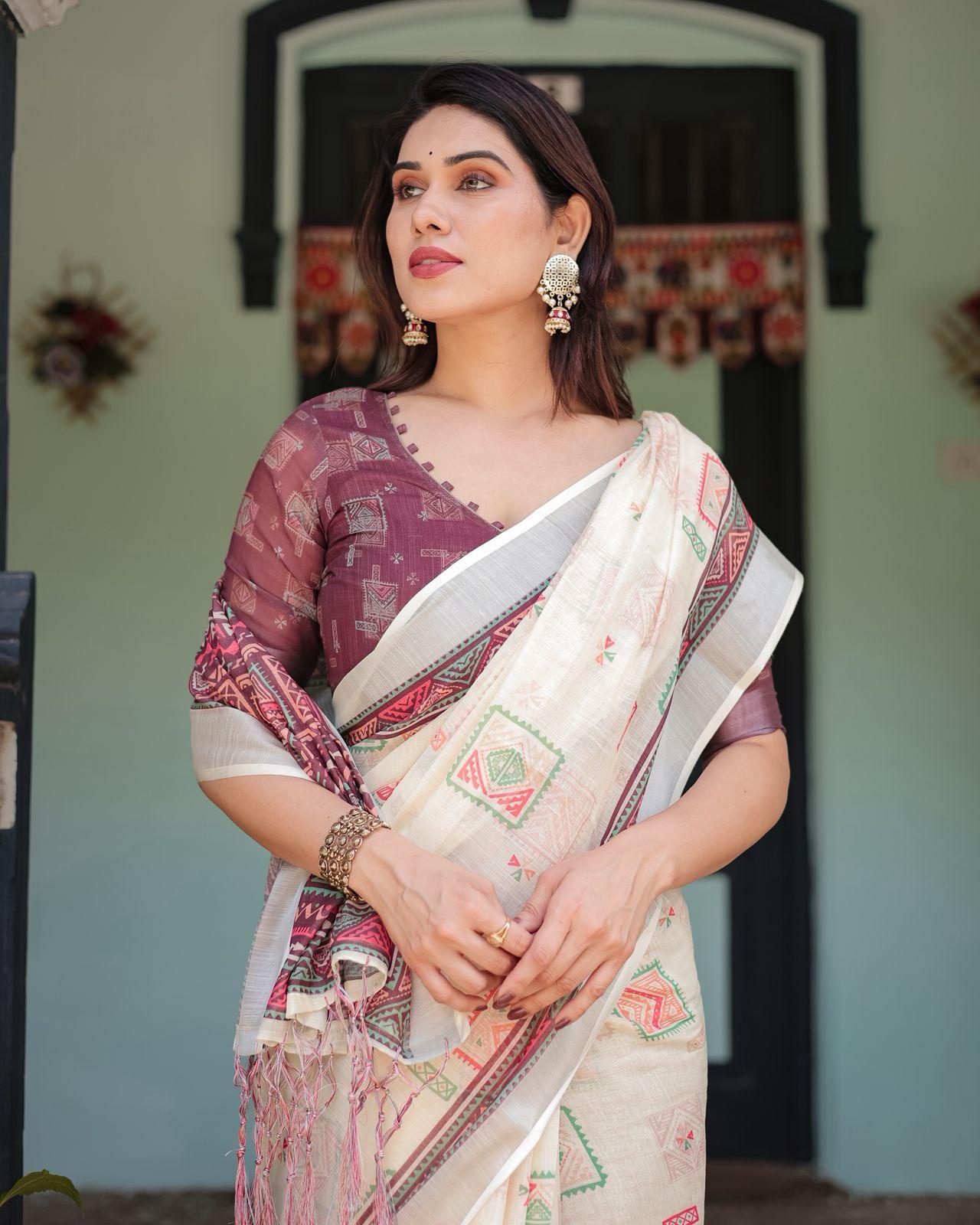 Elegant Digital Printed Saree With Intricate Patterns And Zari Woven Border With Unstitched Blouse | Dhanjyoti 