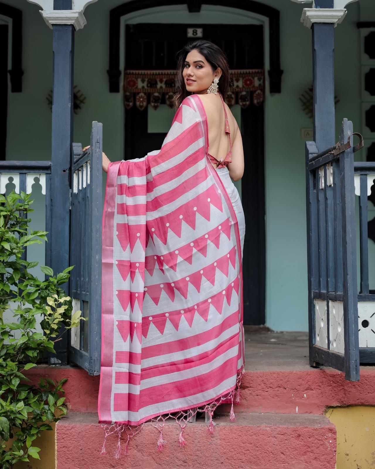Elegant Pink And White Cotton Saree With Unstitched Blouse | Dhanjyoti - Image 3