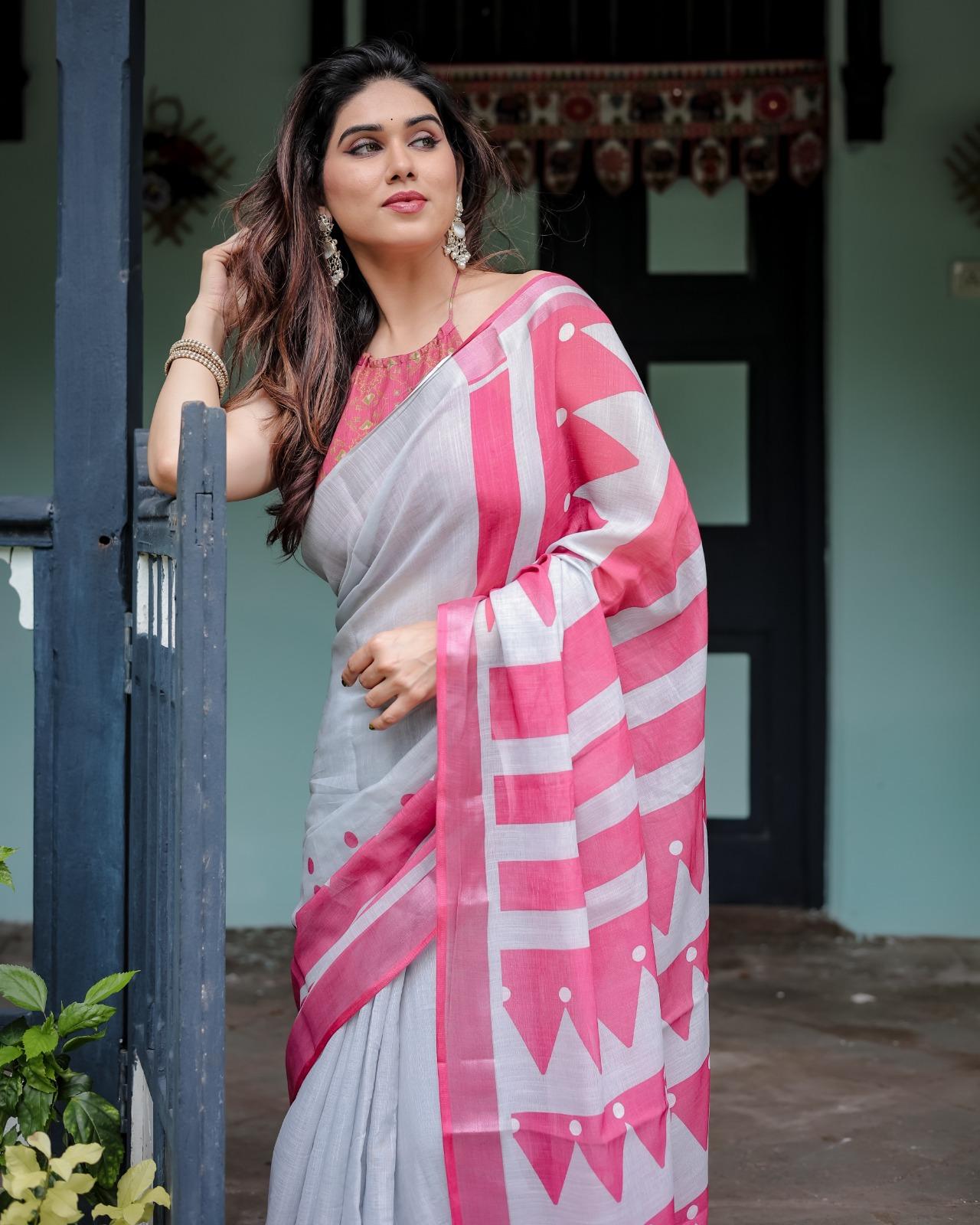 Elegant Pink And White Cotton Saree With Unstitched Blouse | Dhanjyoti - Image 4